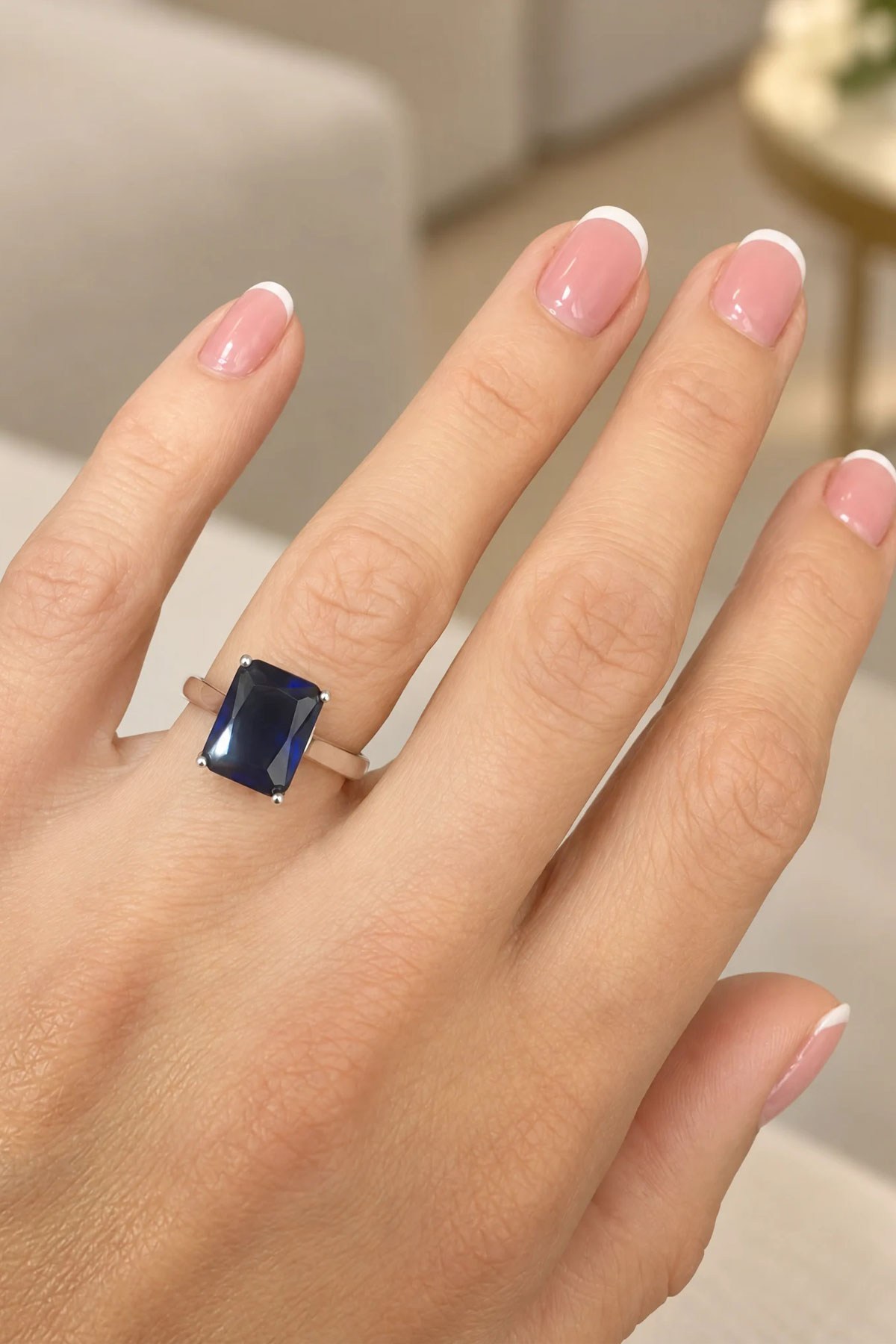 Sky diamond Blue Safir Taşlı 925 ayar Gümüş Üzerine Beyaz Altın Kaplama baget  Tek Taş yüzük