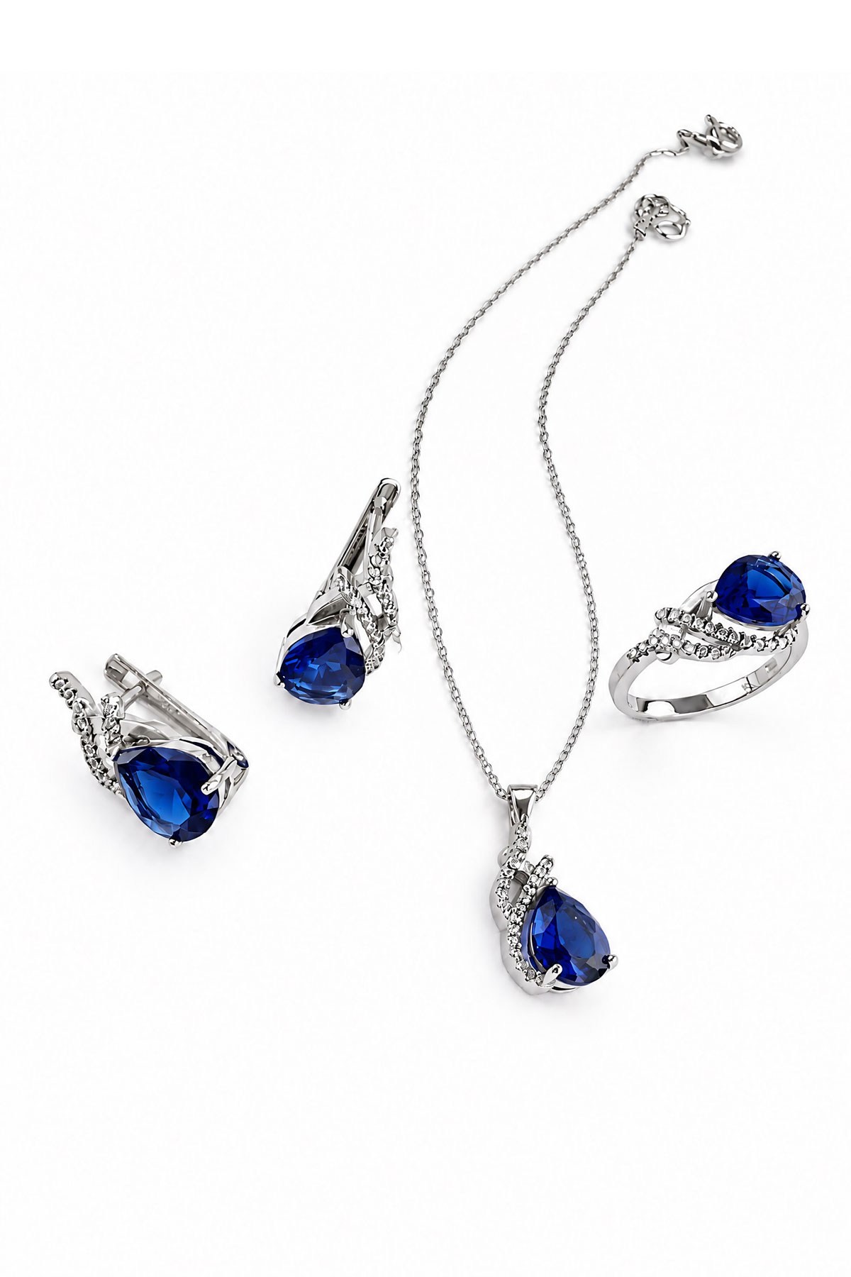 Sky diamond Blue Safir Taşlı 925 ayar Gümüş Tasarım Damla set takım 