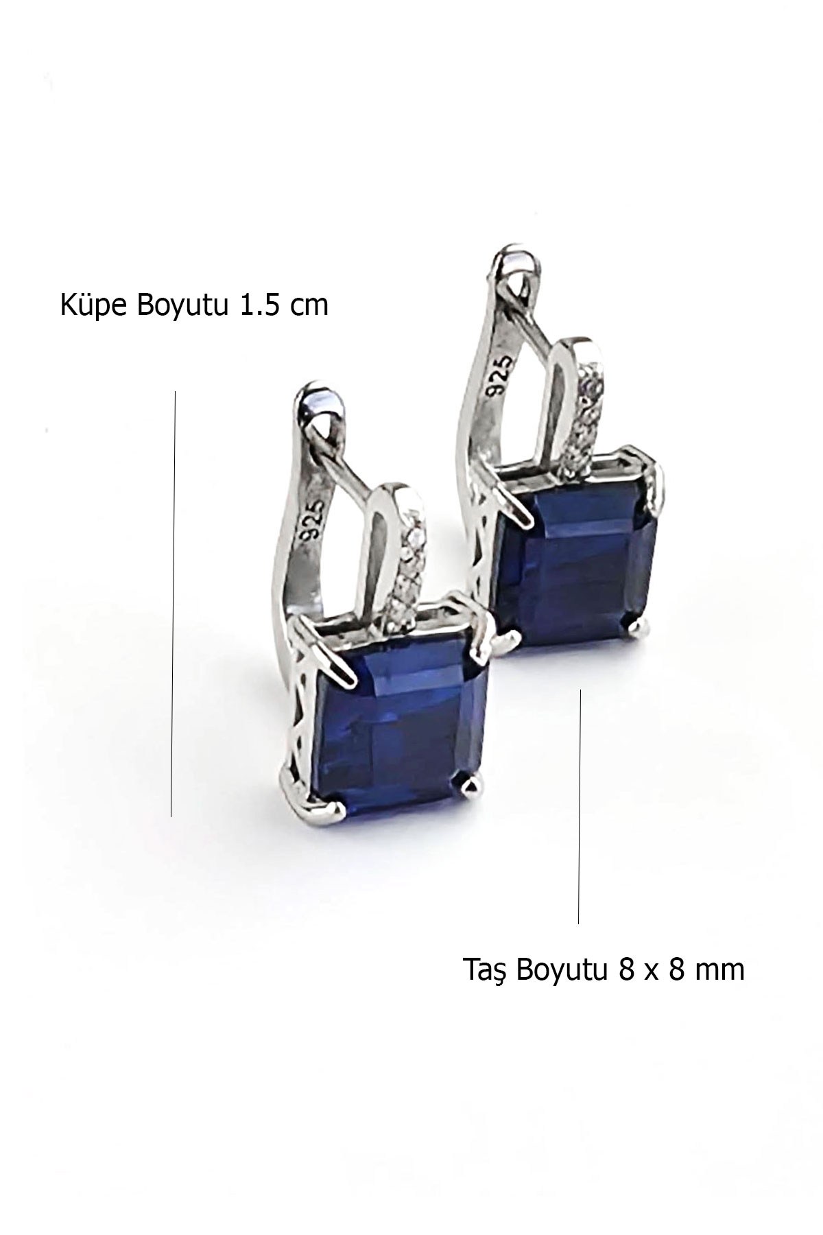 Sky diamond Blue Safir Taşlı 925 ayar Gümüş Üzerine Beyaz Altın Kaplama Kare Baget Küpe