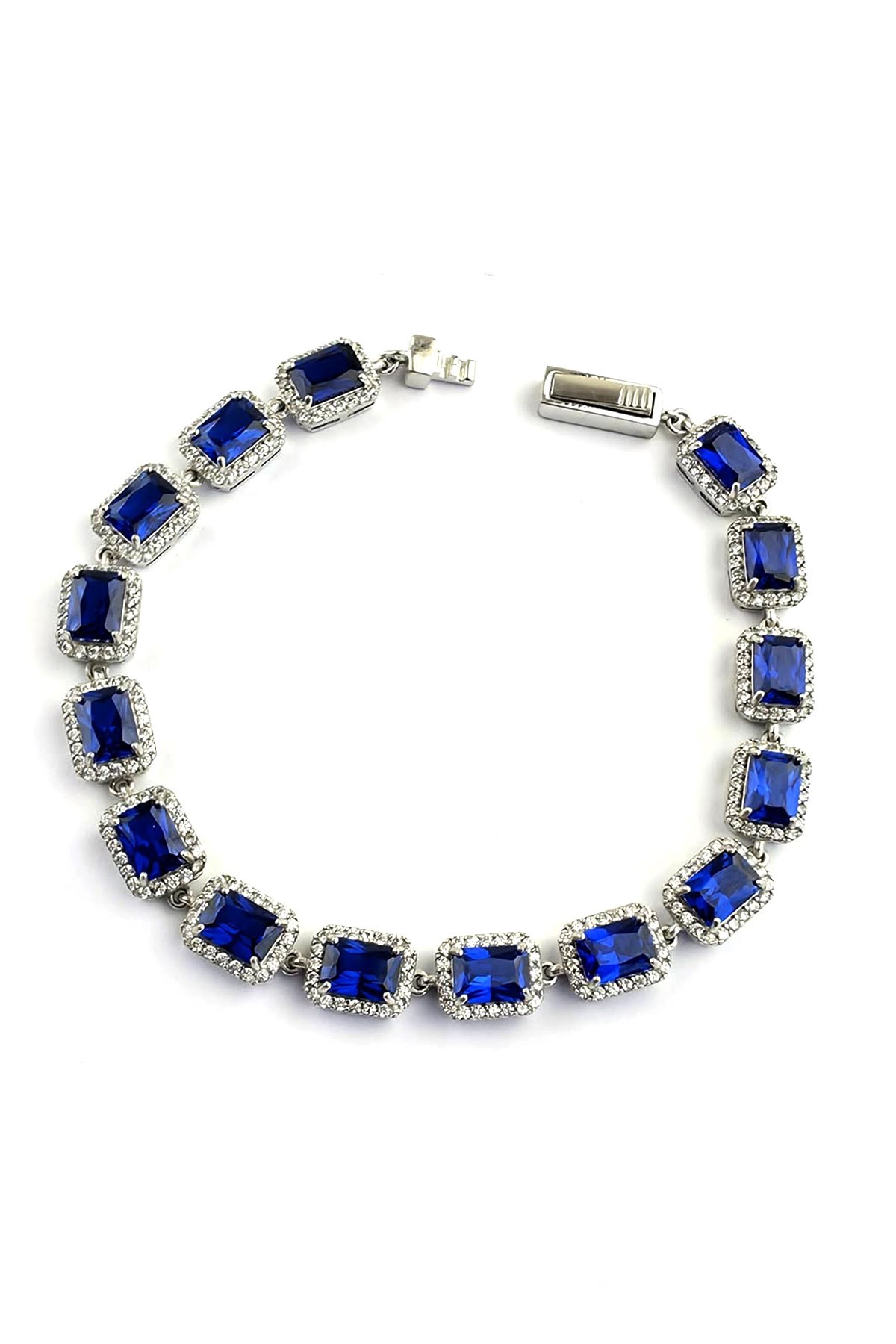 Sky diamond Blue Safir Taşlı 925ayar Gümüş Üzerine Beyaz Altın Kaplama Baget Suyolu bileklik