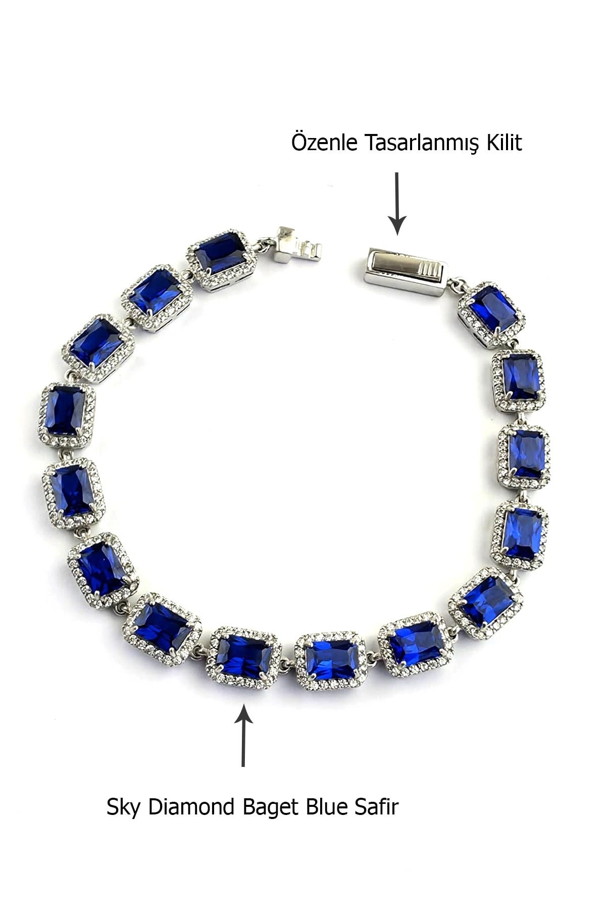 Sky diamond Blue Safir Taşlı 925ayar Gümüş Üzerine Beyaz Altın Kaplama Baget Suyolu bileklik