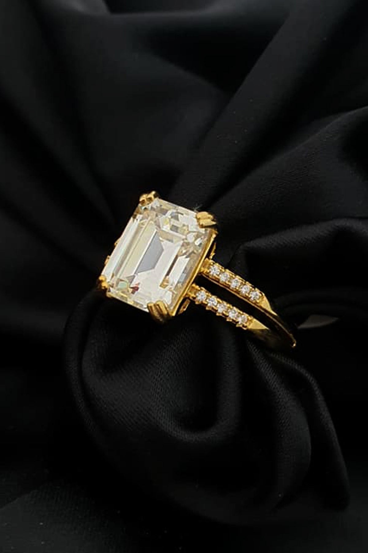 SKY DIAMOND gümüş altın kaplama dikdörtgen tek taş yüzük
