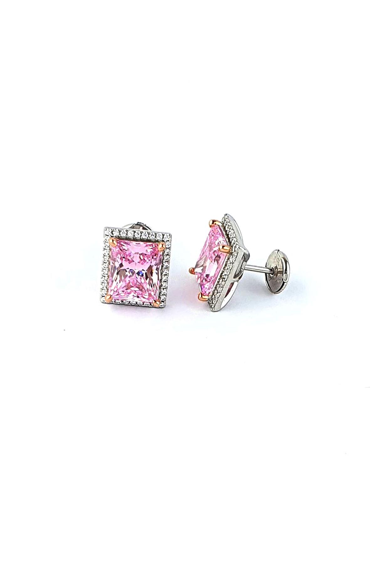 Sky Diamond Pink Aleksandrit Taşlı 925ayar Gümüş Beyaz Altın Kaplama Lüks Baget Küpe