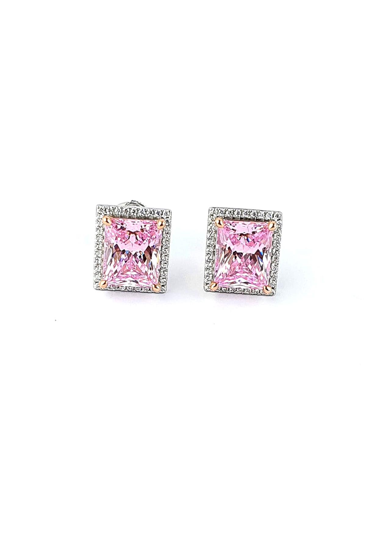 Sky Diamond Pink Aleksandrit Taşlı 925ayar Gümüş Beyaz Altın Kaplama Lüks Baget Küpe