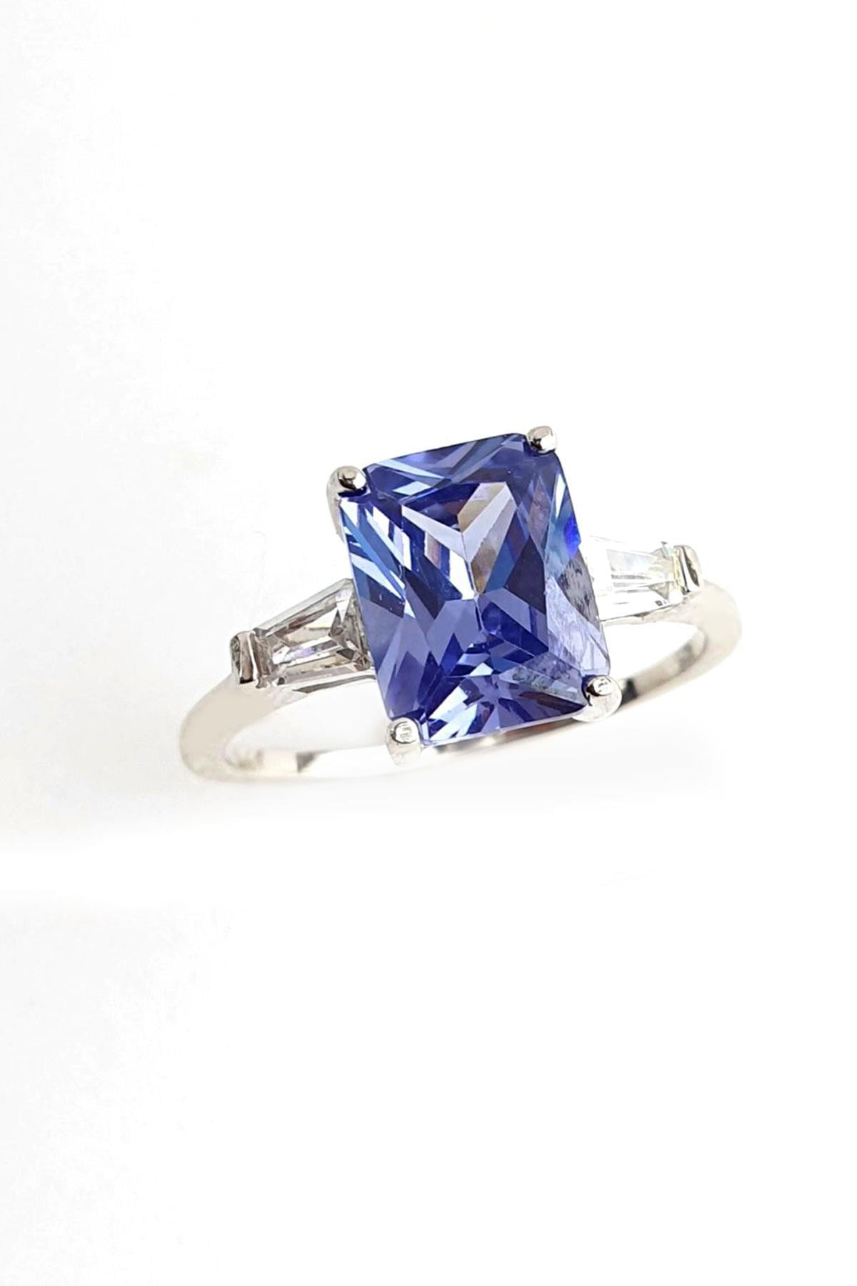 Sky Diamond purple Tanzanit Taşlı baget tek taş 925 ayar Gümüş Tasarım Yüzük