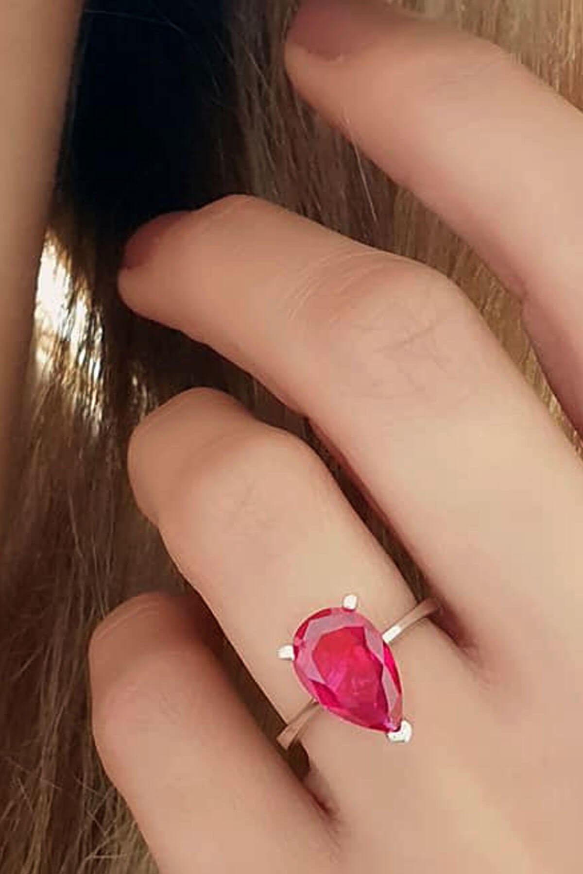 sky Diamond Red creative rubies 925 ayar gümüş tek taş damla yüzük