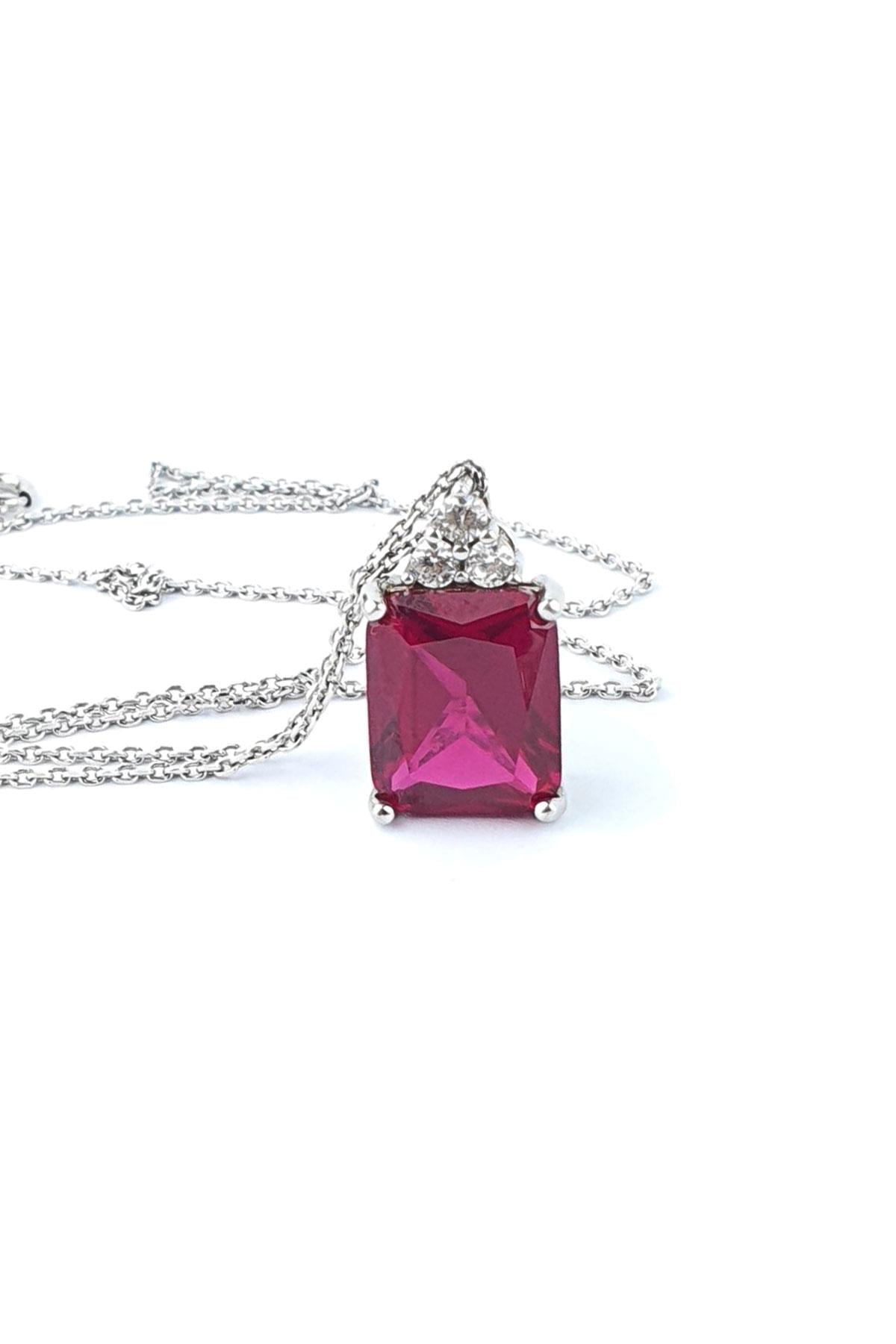 Sky Diamond Red Creative Rubies 925ayar Gümüş Baget Tek Taş Kolye 
