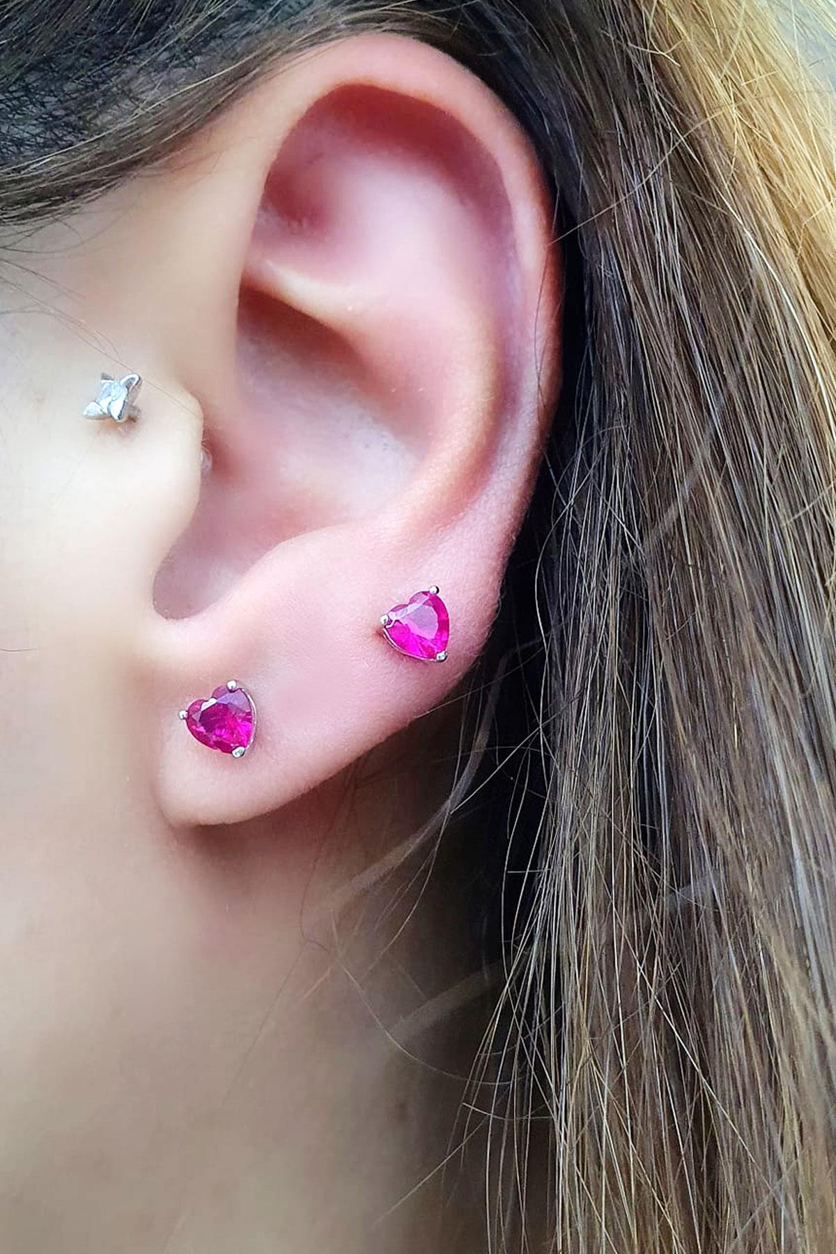 Sky Diamond Red Creative Rubies Taşlı Minimal Kalp Küpe