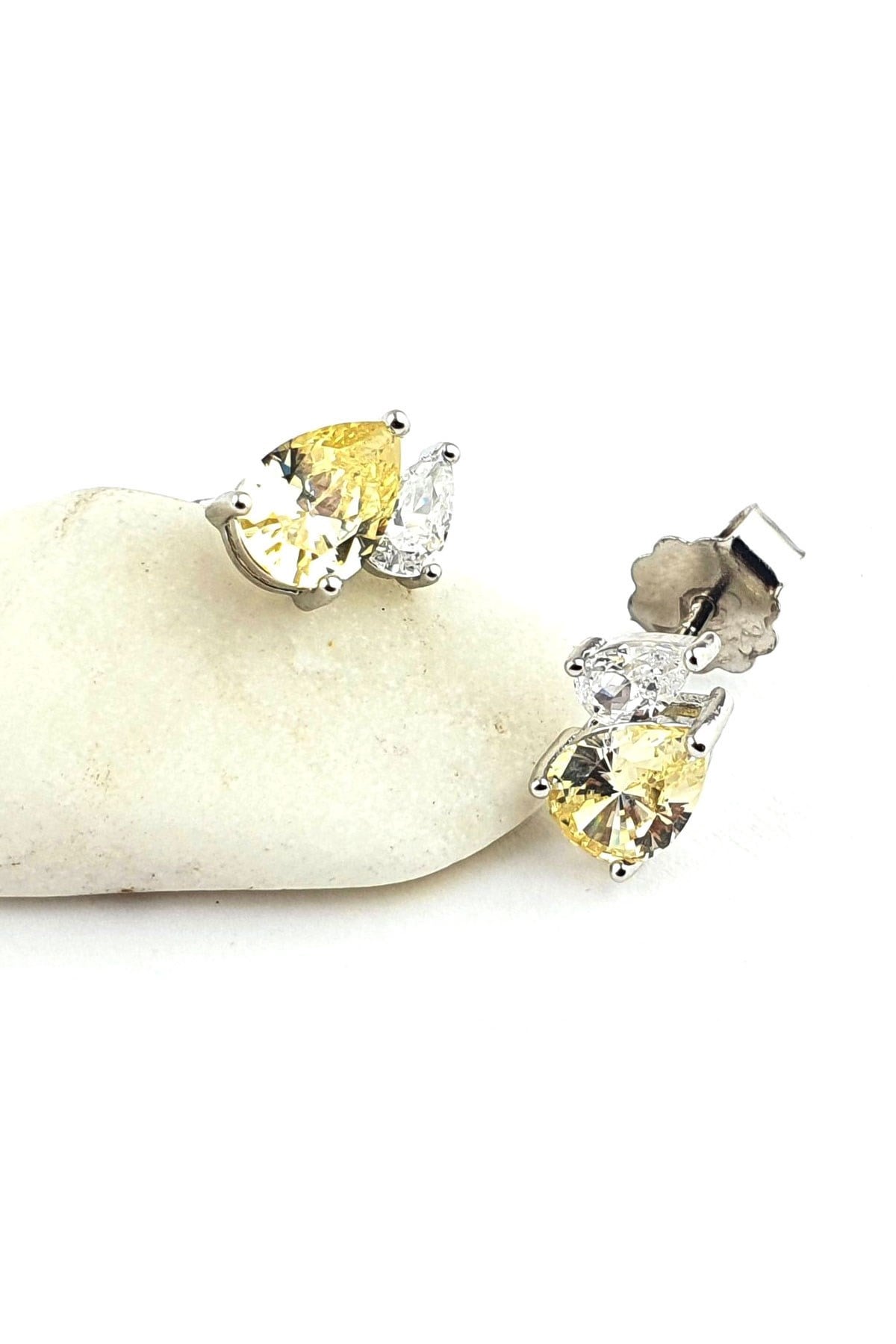 Sky Diamond  yellow sitrin Taşlı 925 ayar Gümüş minimal küpe