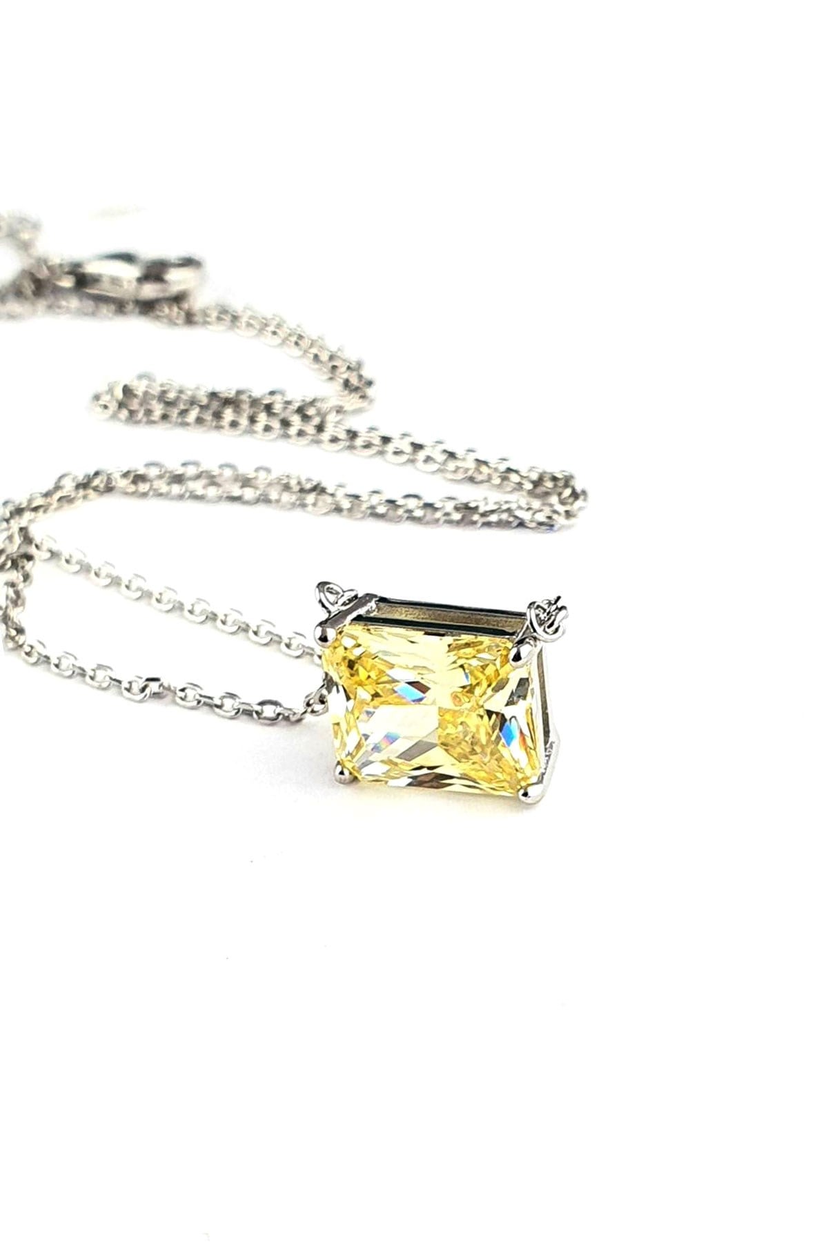 Sky Diamond Yellow Sitrin Taşlı 925 Ayar Gümüş Tek Taş Kolye 