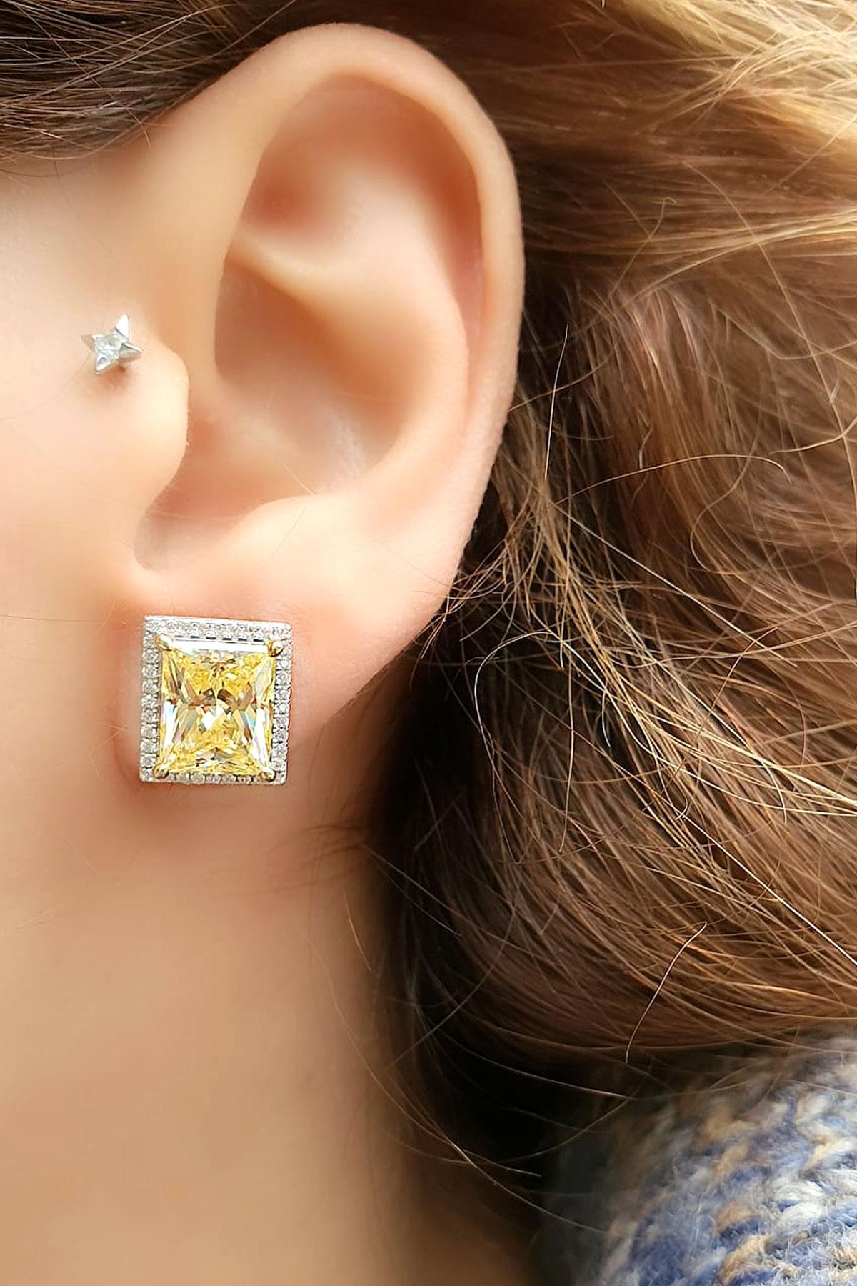 Sky Diamond Yellow Sitrin Taşlı 925ayar Gümüş Üzerine Beyaz Altın Kaplama Baget Tek Taş Küpe 