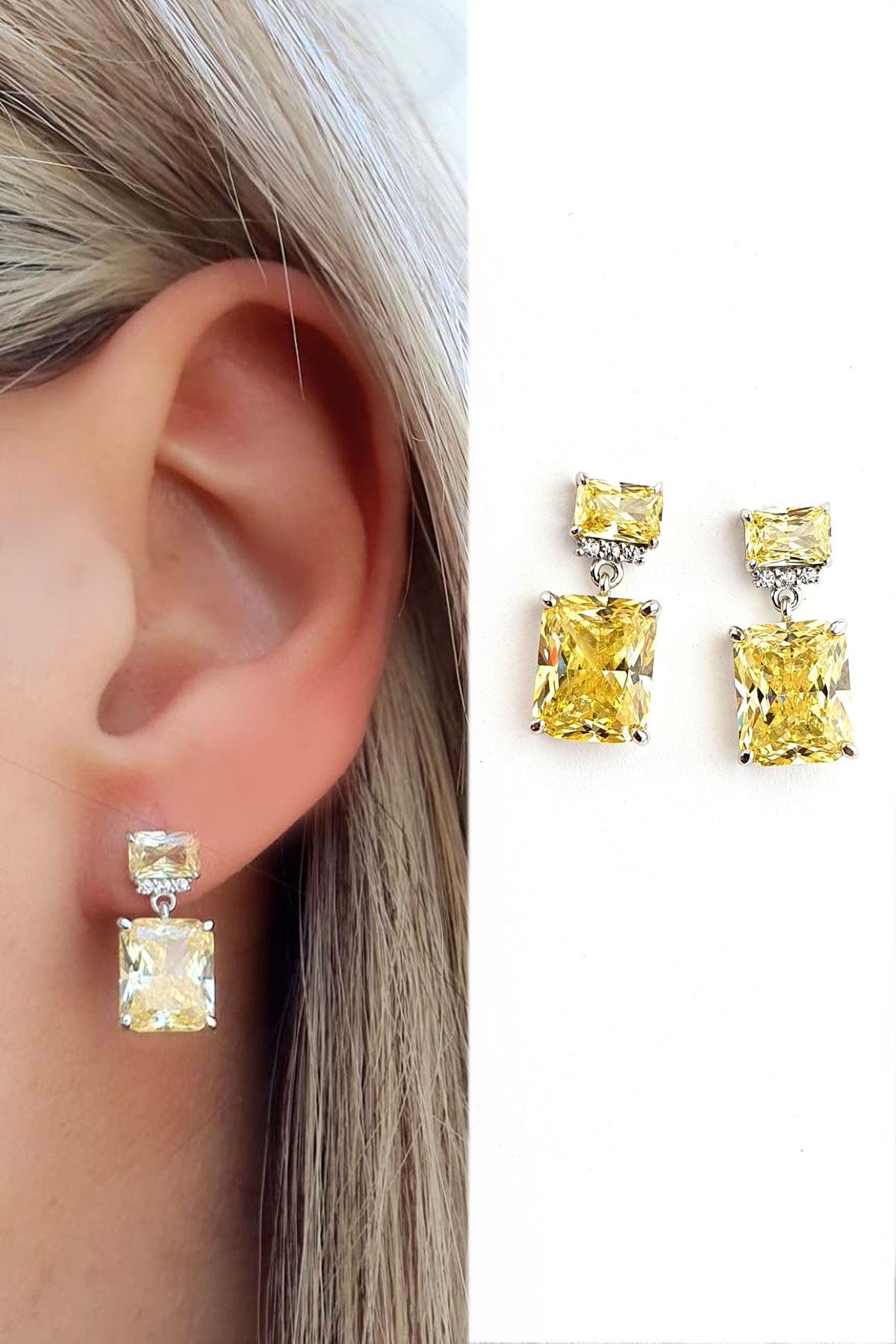 Sky Diamond Yellow Sitrin Taşlı 925ayar Gümüş Üzerine Altın Kaplama küpe
