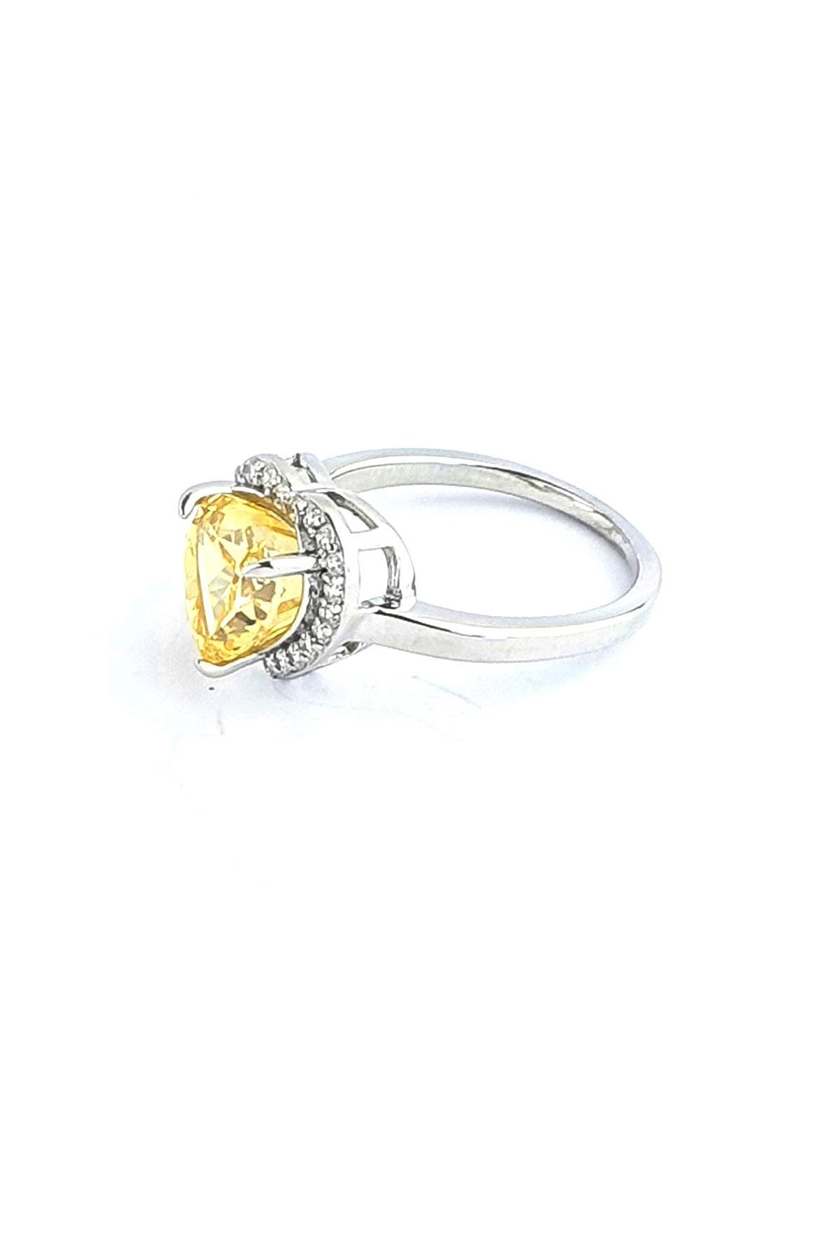 Sky Diamond Yellow Sitrin Taşlı 925ayar Gümüş Üzerine Altın Kaplama Kalp Tek Taş Yüzük 