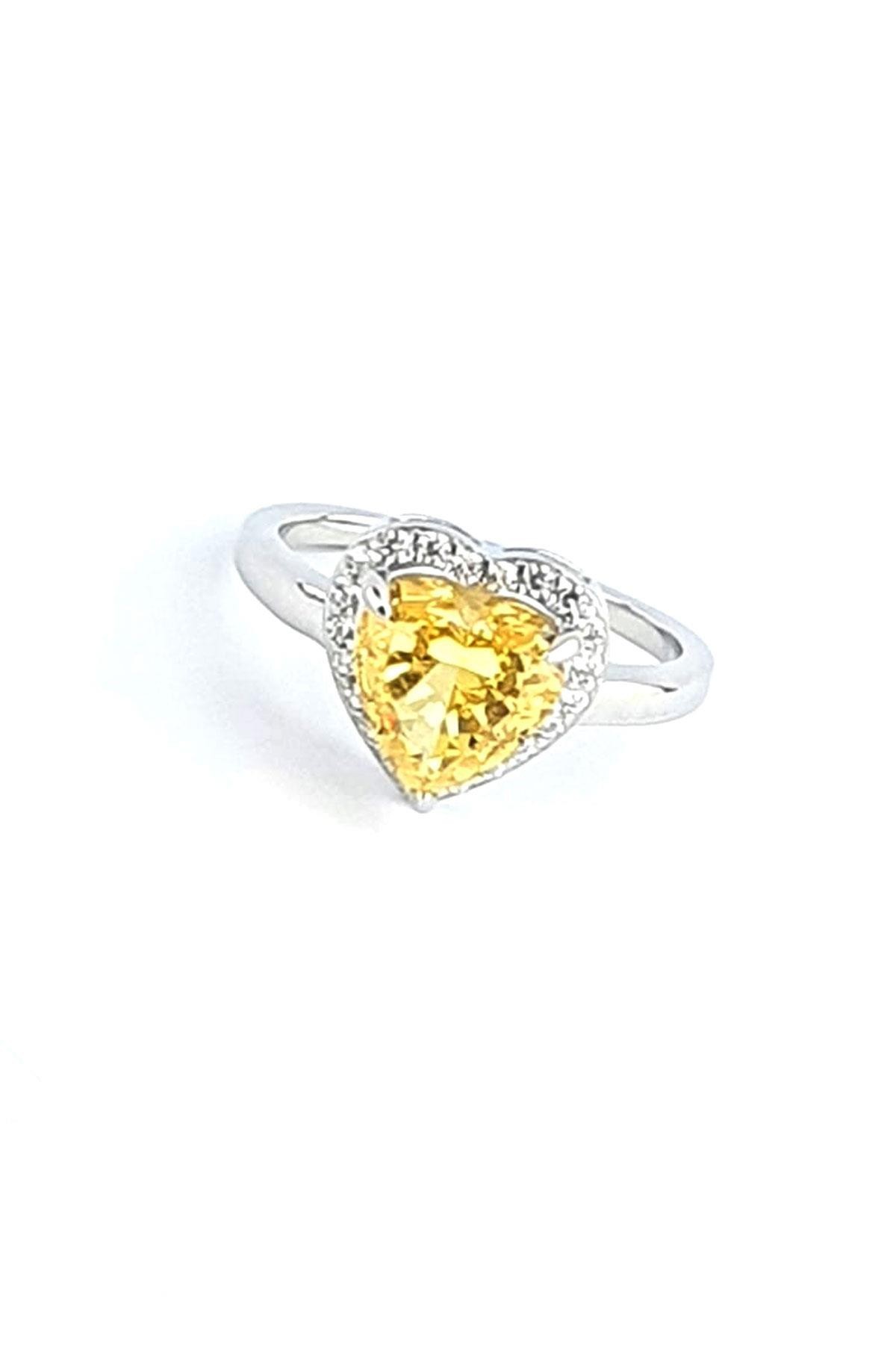 Sky Diamond Yellow Sitrin Taşlı 925ayar Gümüş Üzerine Altın Kaplama Kalp Tek Taş Yüzük 