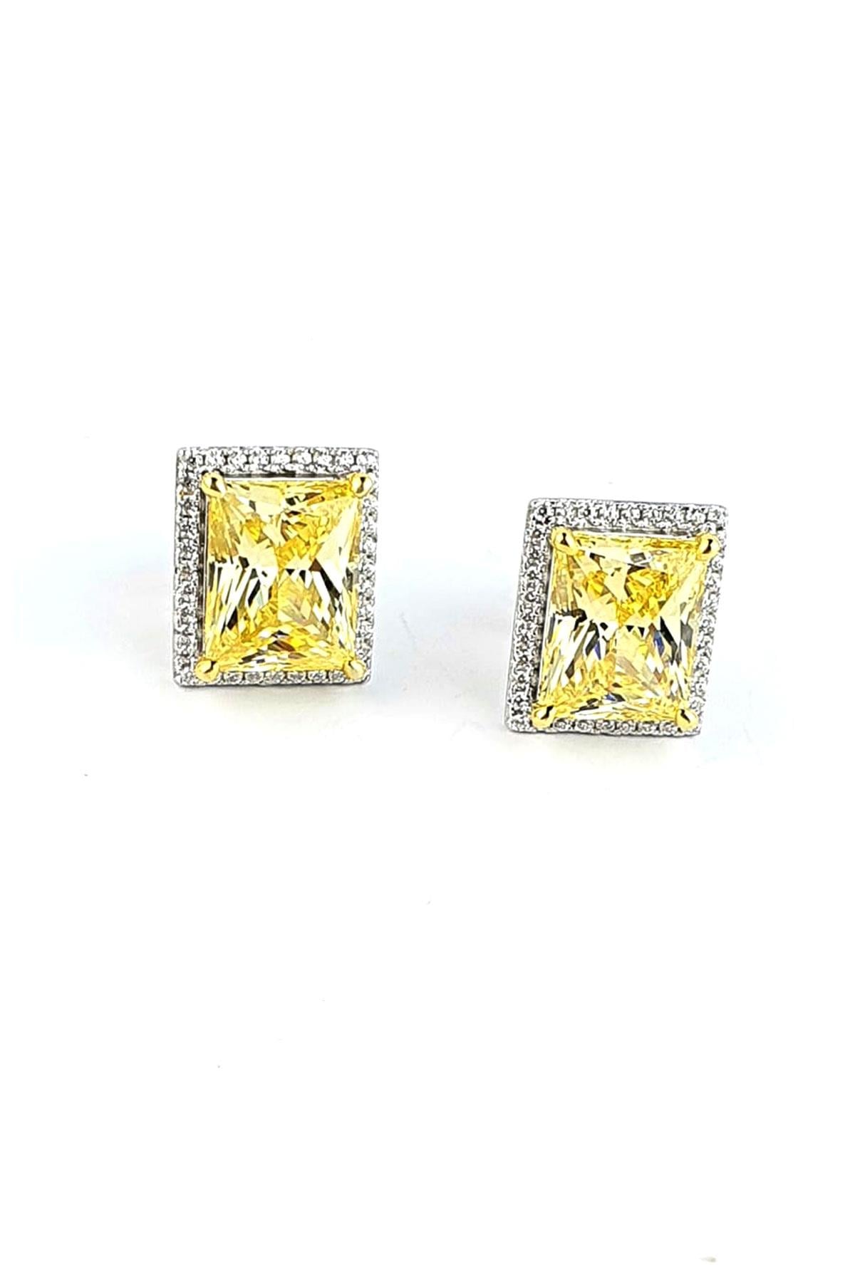 Sky Diamond Yellow Sitrin Taşlı 925ayar Gümüş Üzerine Beyaz Altın Kaplama Baget Tek Taş Küpe 