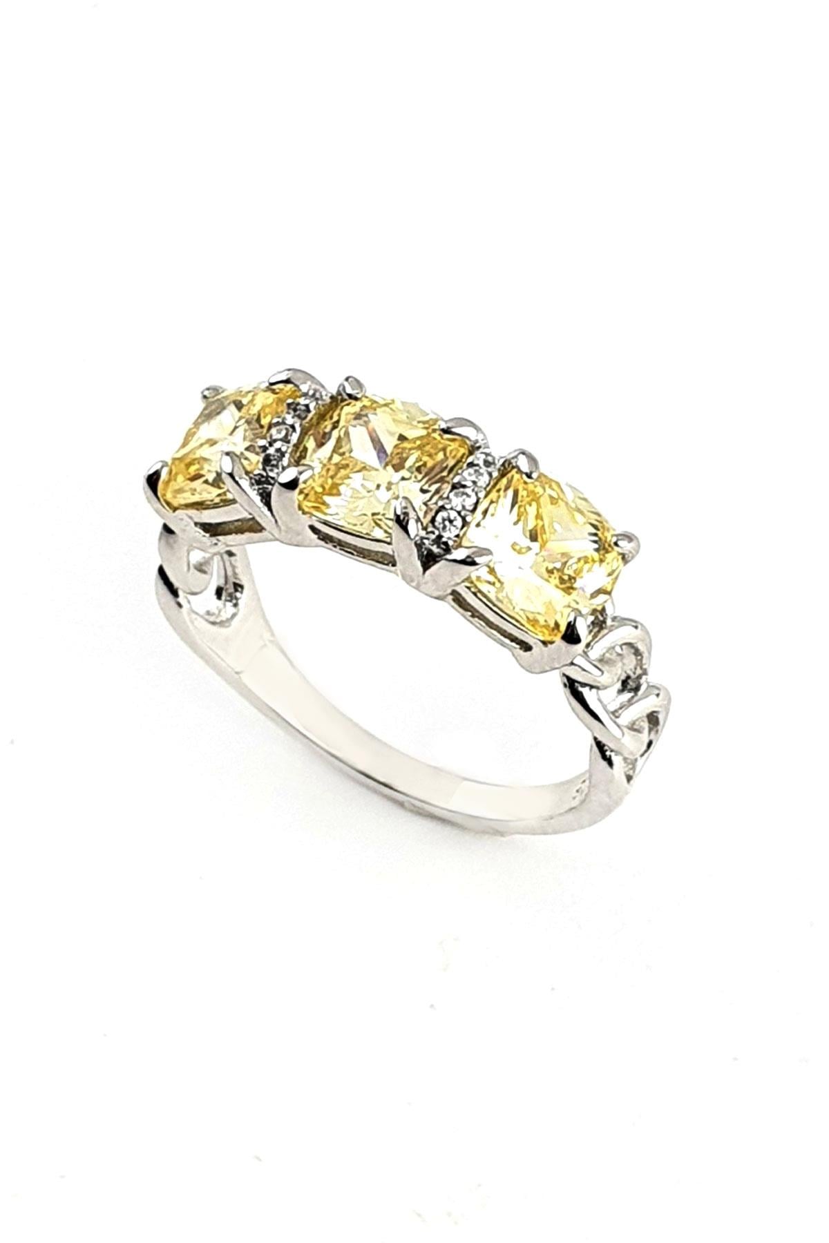 Sky Diamond Yellow Sitrin Taşlı 925ayar Gümüş Tasarım tria baget yüzük