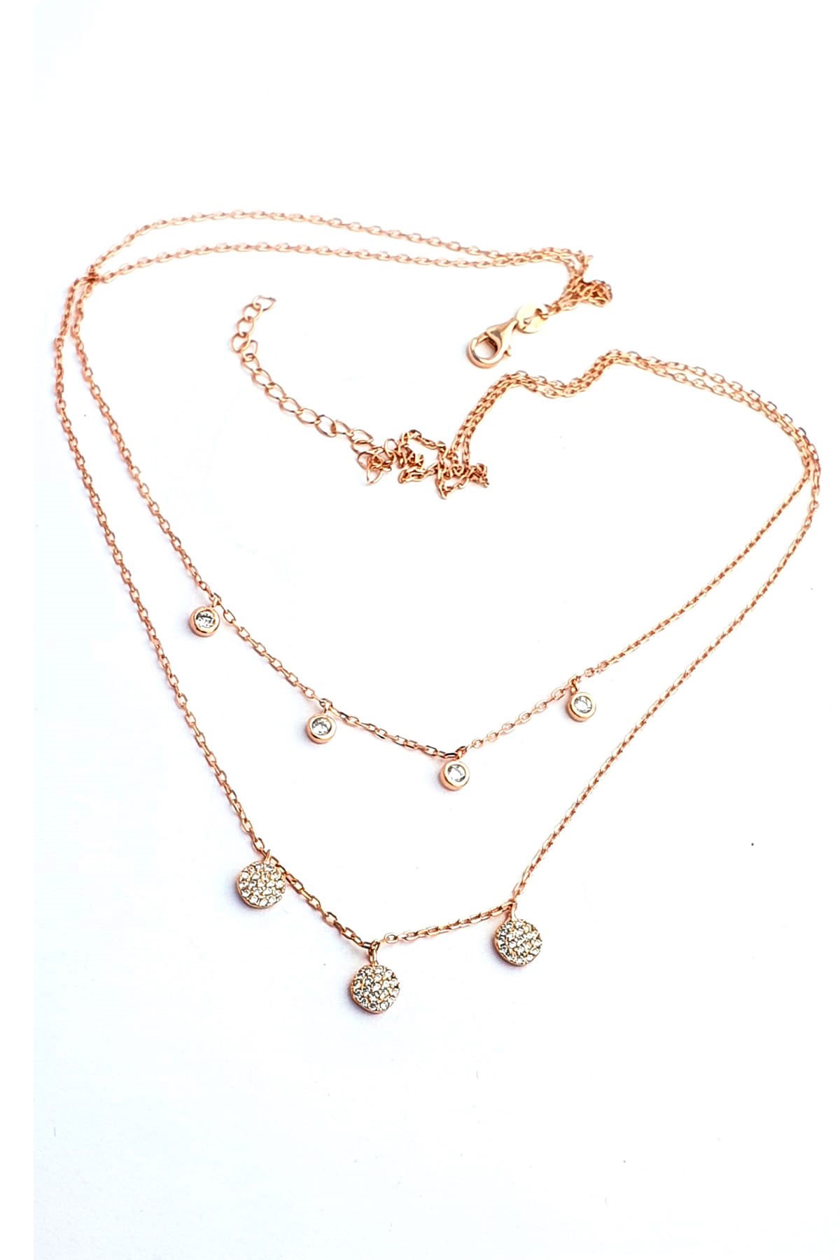 Swarovski Taşlı 925 ayar Gümüş Rose İkili Kolye 