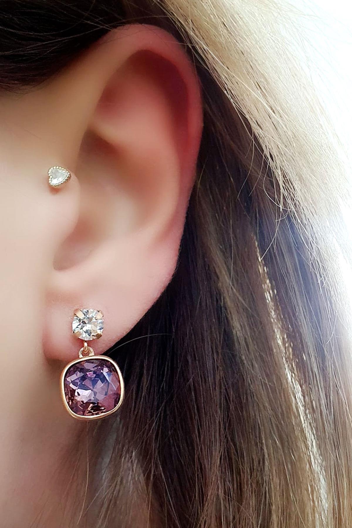 Swarovski Taşlı 925ayar Gümüş Üzerine Rose Altın Kaplama Küpe 