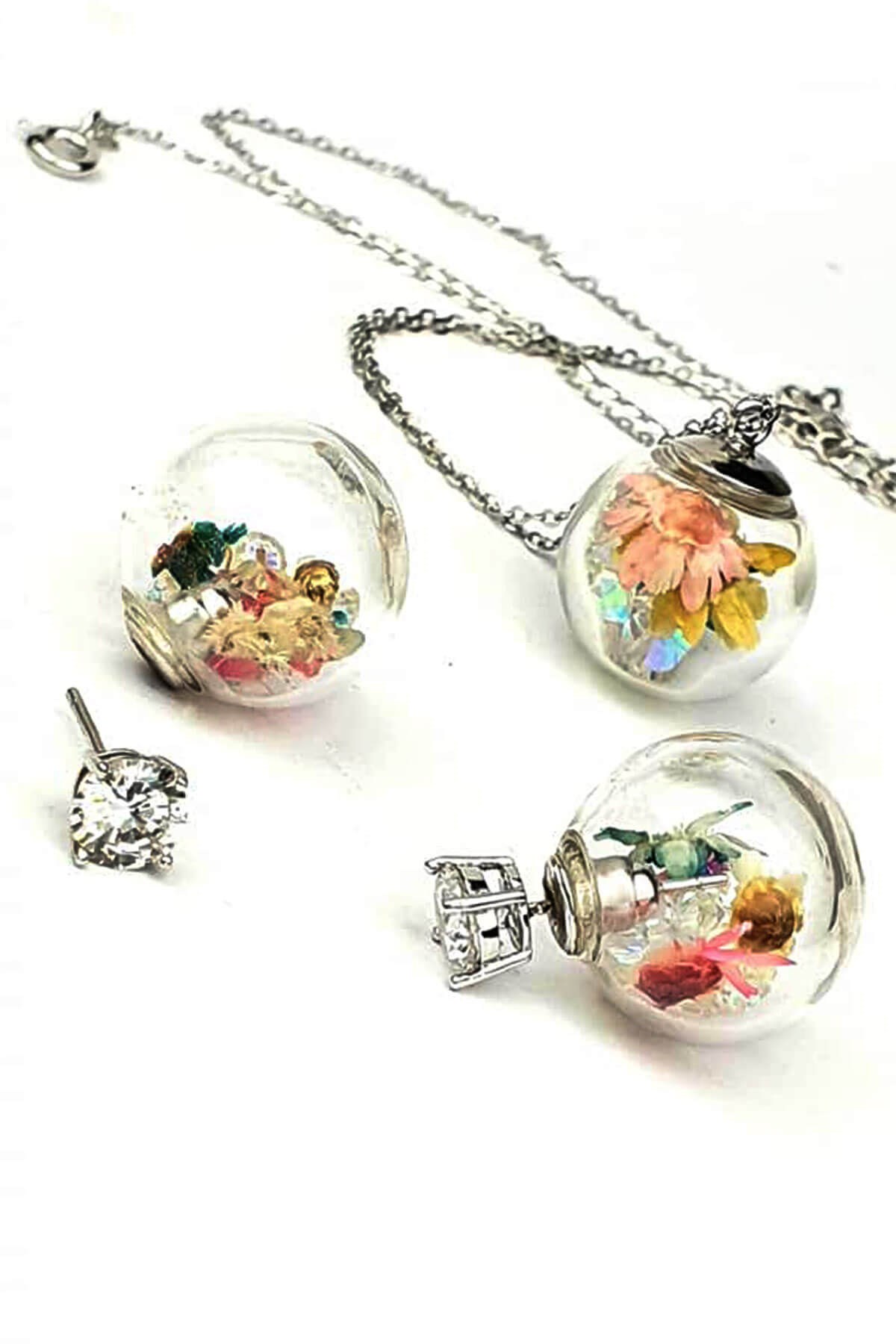 Swarovski taşlı kar küresi gümüş tasarım takı seti 