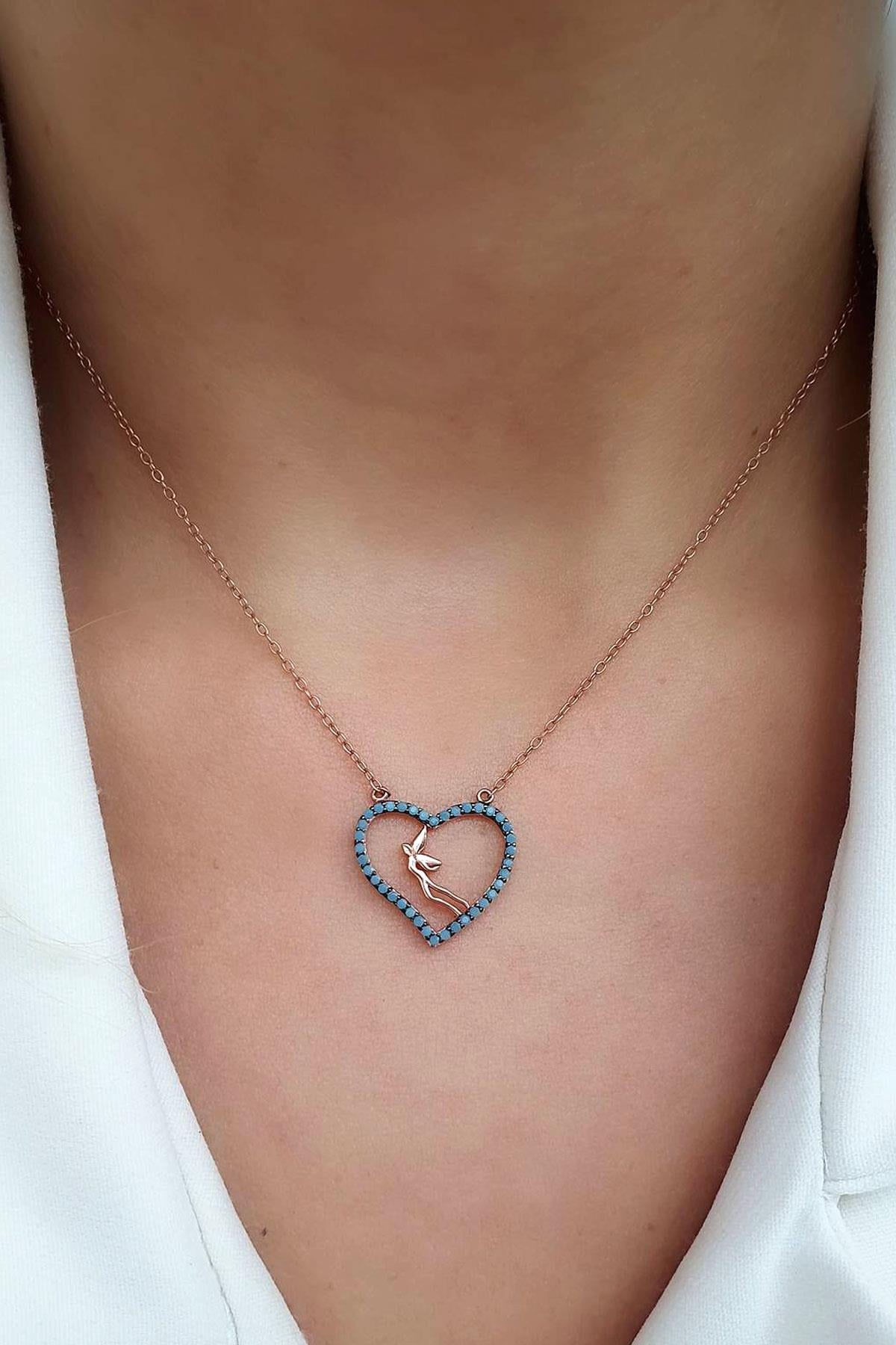 Turkuaz Taşlı 925ayar Gümüş Üzerine Rose Altın Kaplama Tasarım Su perili kalp kolye