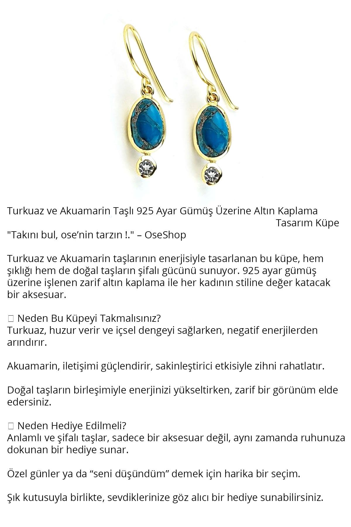 Turkuaz ve Aquamarin Taşlı 925ayar Gümüş Üzerine Altın Kaplama Tasarım Küpe