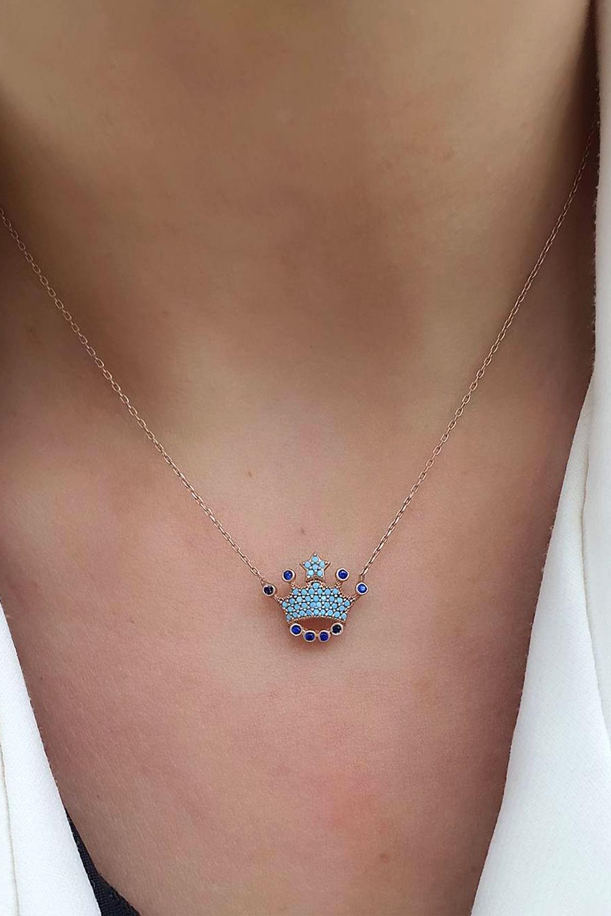 Turkuaz ve Kök safir taşlı 925ayar gümüş üzerine rose altın kaplama kraliçe tacı kolye 