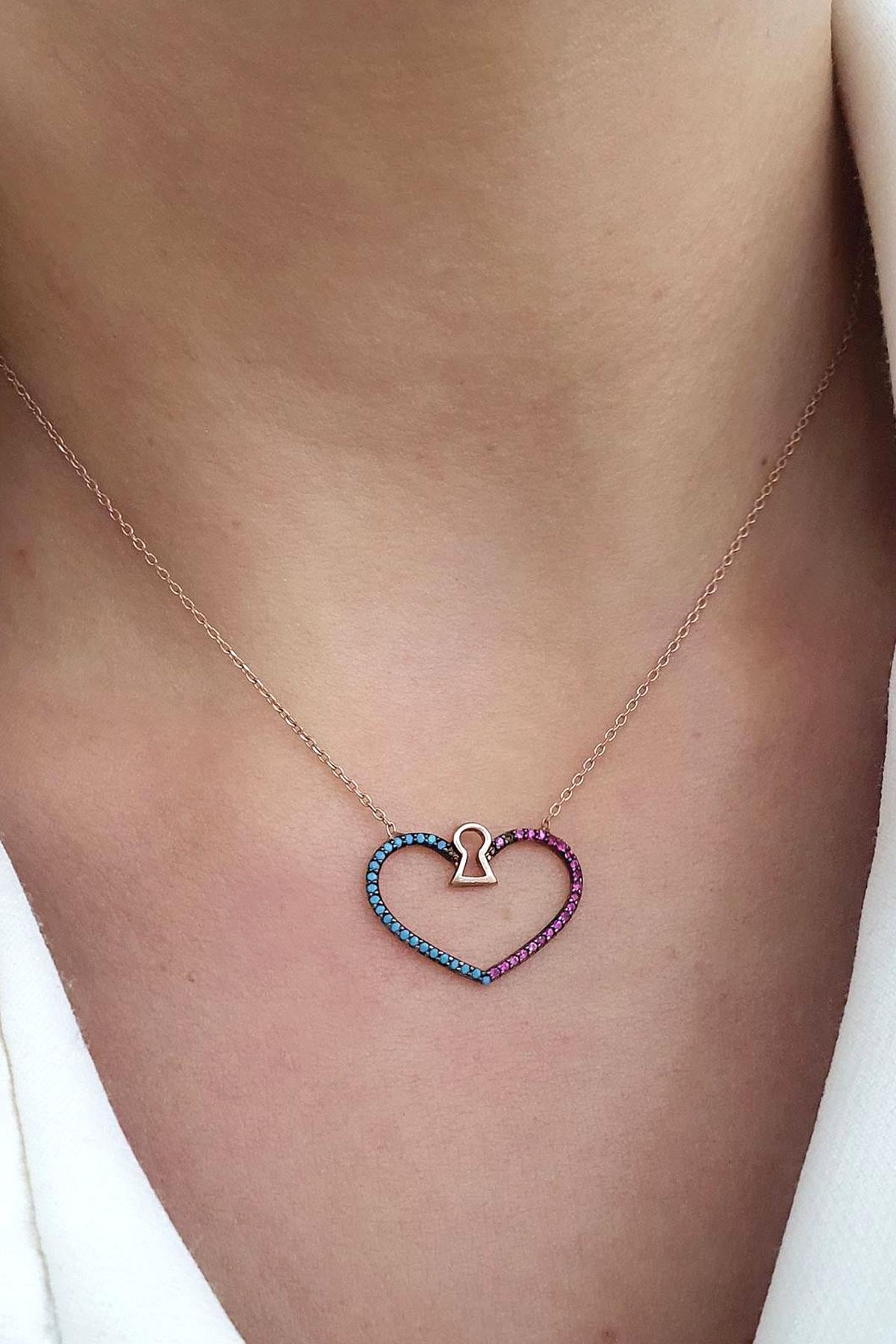 Turkuaz ve pembe zirkon Taş Detaylı 925ayar Gümüş Üzerine Rose Altın Kaplama Kalp Kolye 