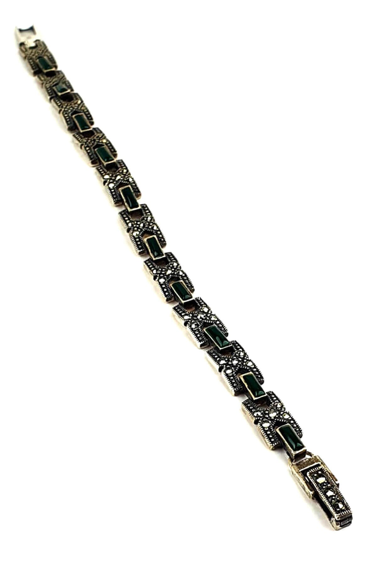 Yesil akik taşlı gümüş markazit bileklik 