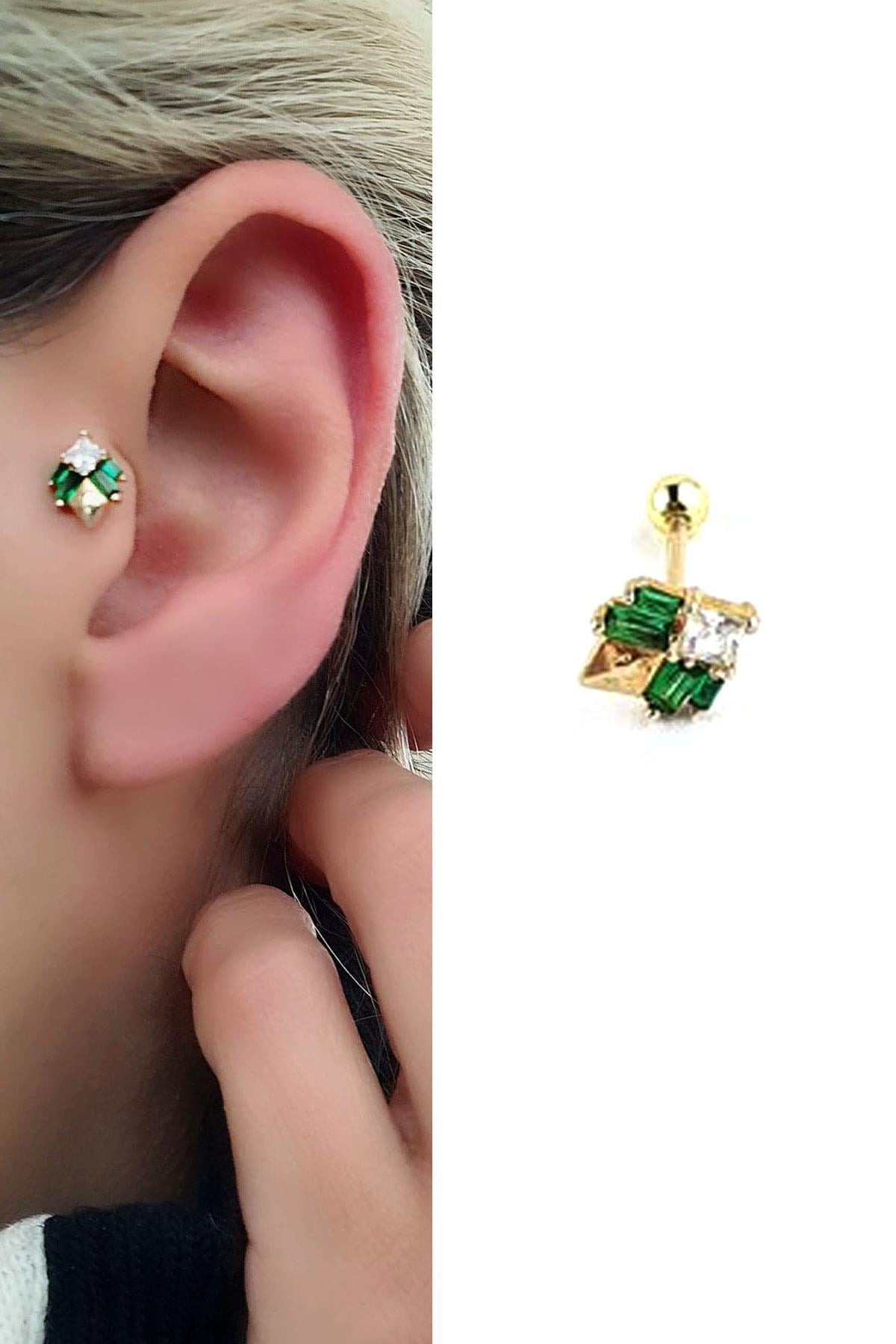 Yeşil Baget Zirkon taş Detaylı 925ayar gümüş Üzerine altın kaplama Luxury Tasarım Tragus Kıkırdak Helix Piercing