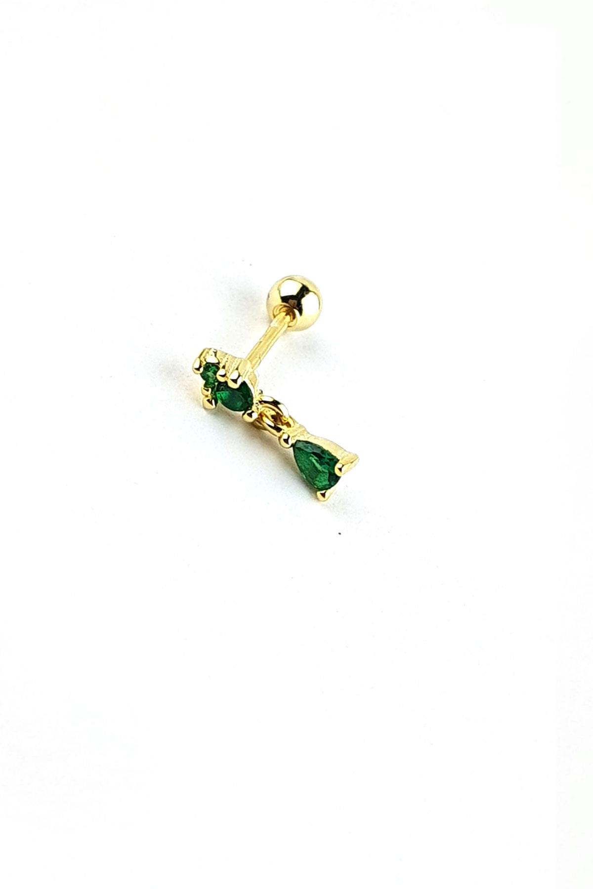 Yeşil Zirkon Taşlı 925ayar Gümüş Üzerine Altın Kaplama Sallantılı Tragus Helix Kikirdak piercing 