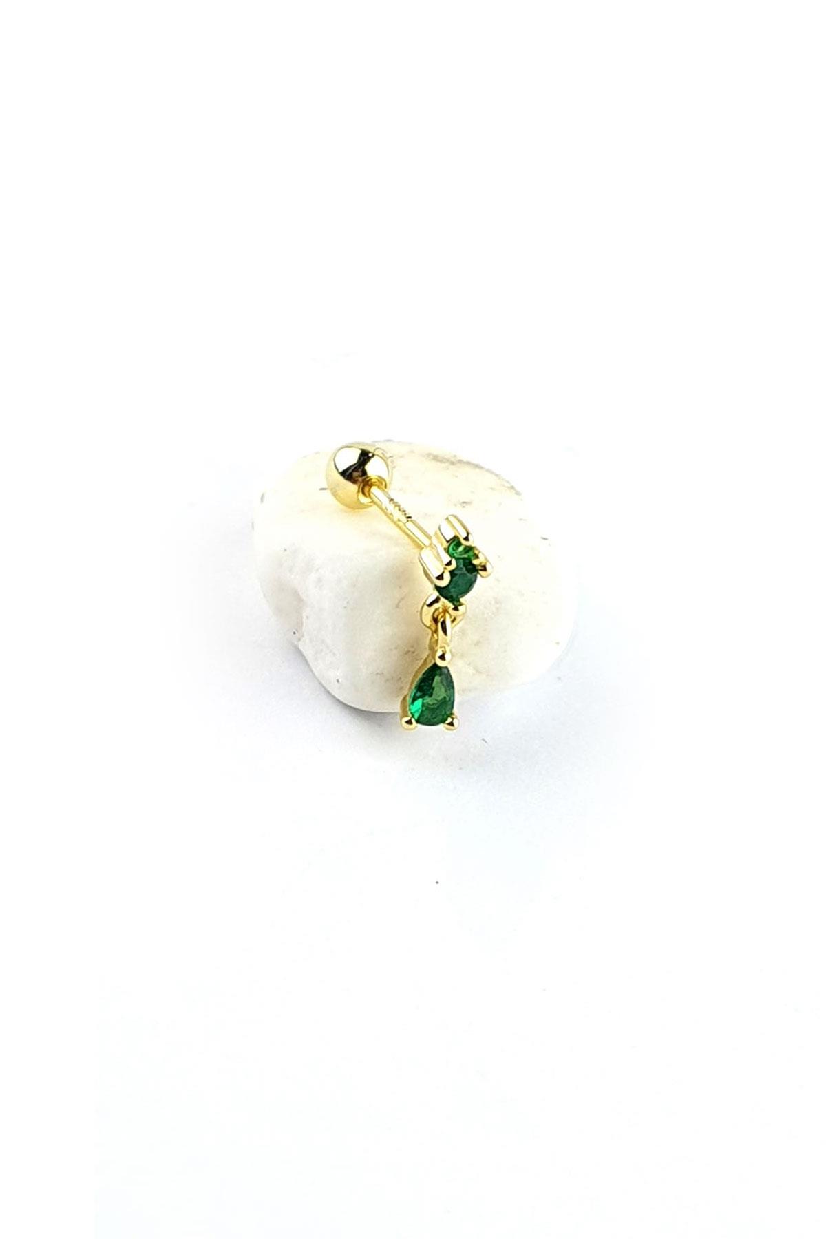 Yeşil Zirkon Taşlı 925ayar Gümüş Üzerine Altın Kaplama Sallantılı Tragus Helix Kikirdak piercing 
