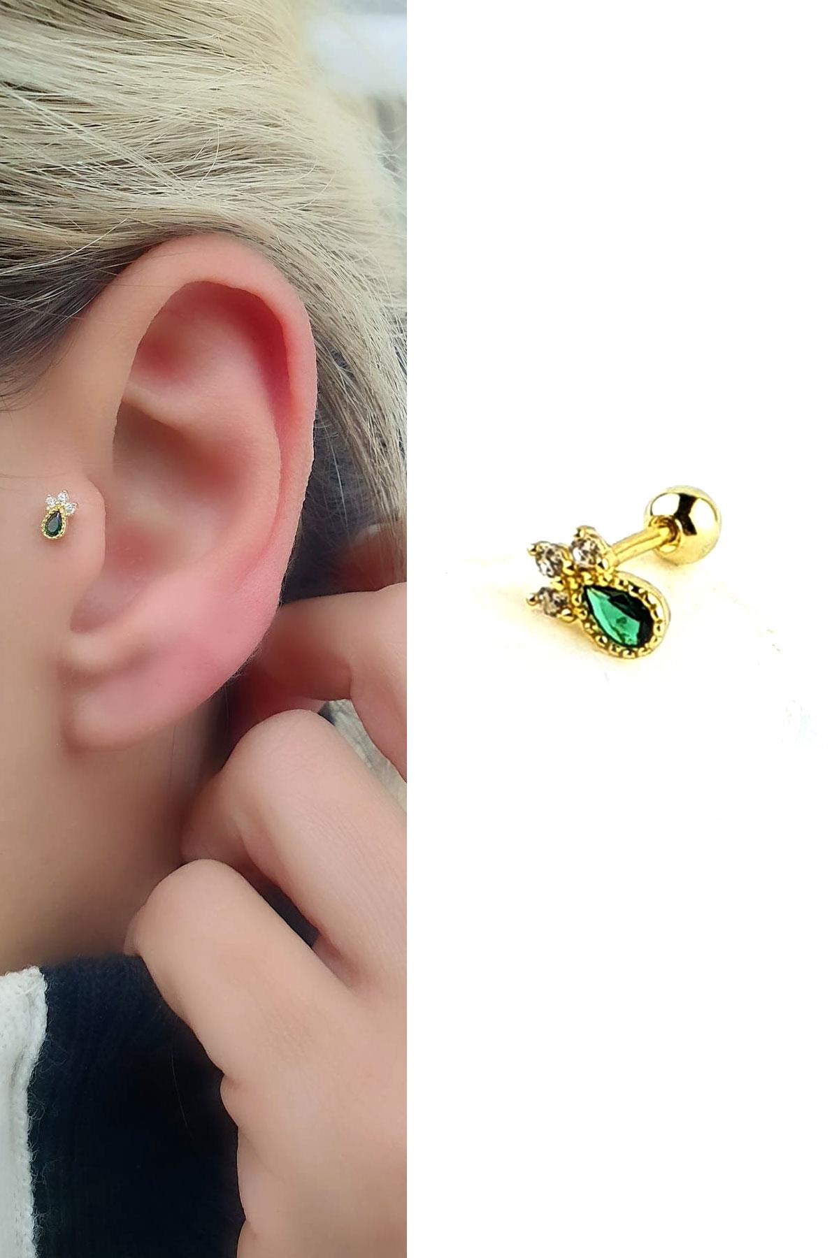 Yeşil Zirkon Taşlı 925ayar Gümüş Üzerine Altın Kaplama Tragus Kıkırdak Piercing 