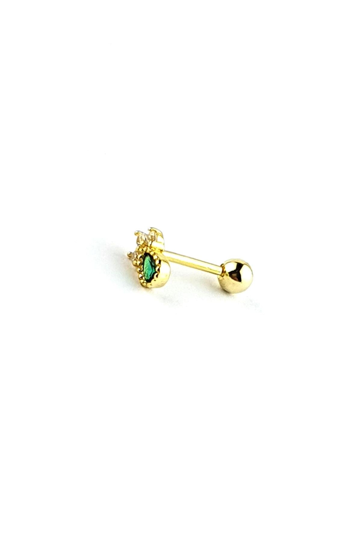 Yeşil Zirkon Taşlı 925ayar Gümüş Üzerine Altın Kaplama Tragus Kıkırdak Piercing 