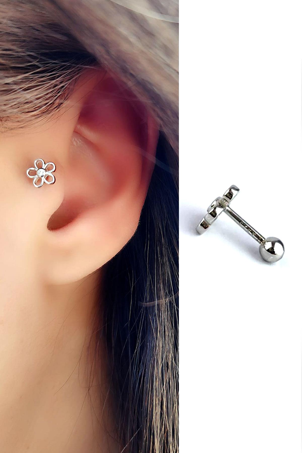 Zirkon Taş Detaylı 925 Ayar Gümüş Tragus Kıkırdak Piercing 