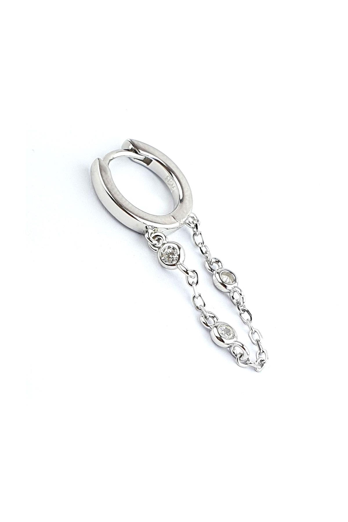 Zirkon Taş Detaylı 925ayar Gümüş  İtalyan Tasarımı Zincirli Halka tek  küpe cap 1cm