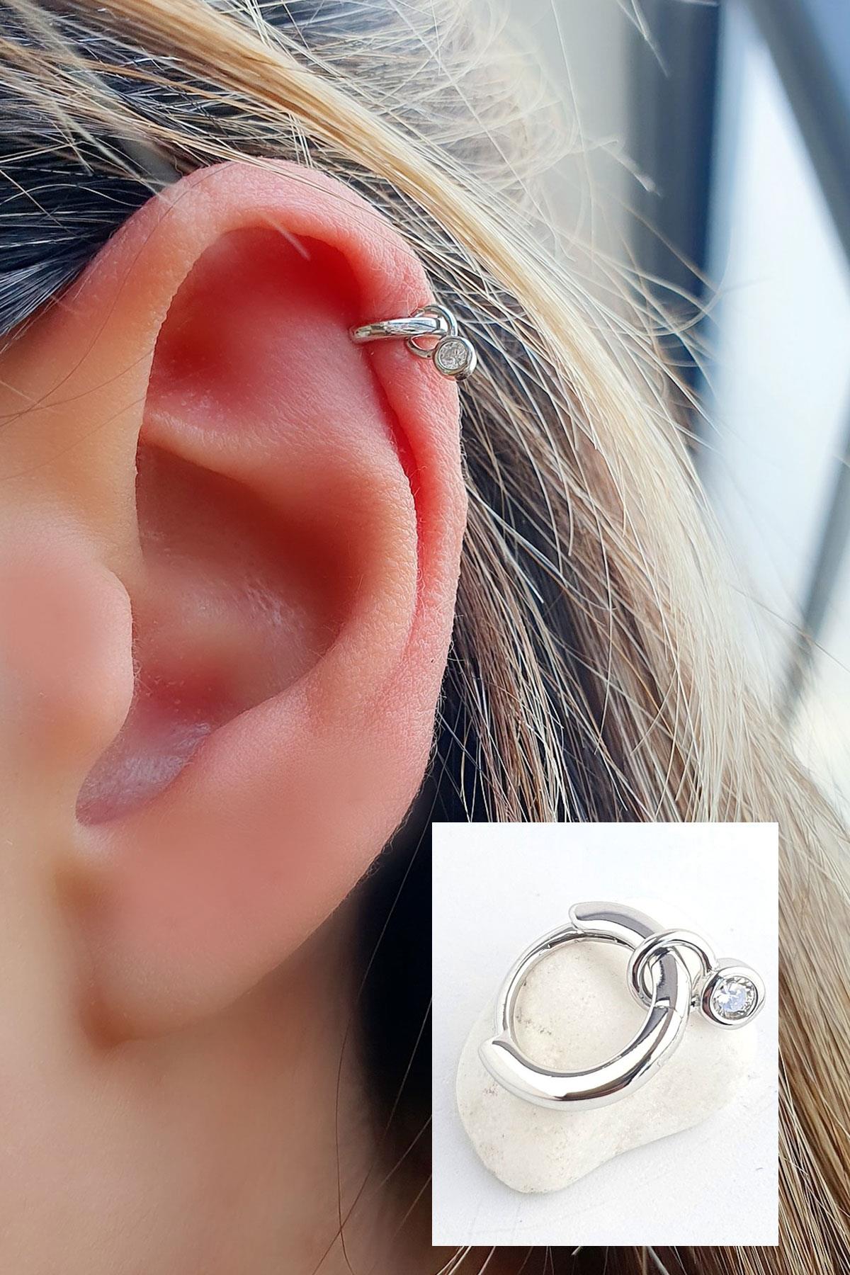 Zirkon Taş Detaylı 925ayar Gümüş Tragus Kıkırdak Helix Halka Piercing