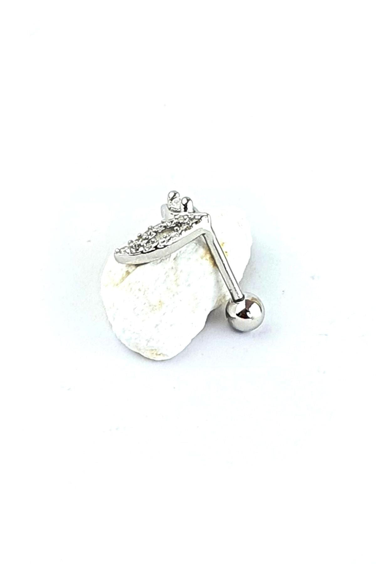 Zirkon Taş Detaylı 925ayar Gümüş Tragus Helix Kikirdak balık kuyruğu  piercing 