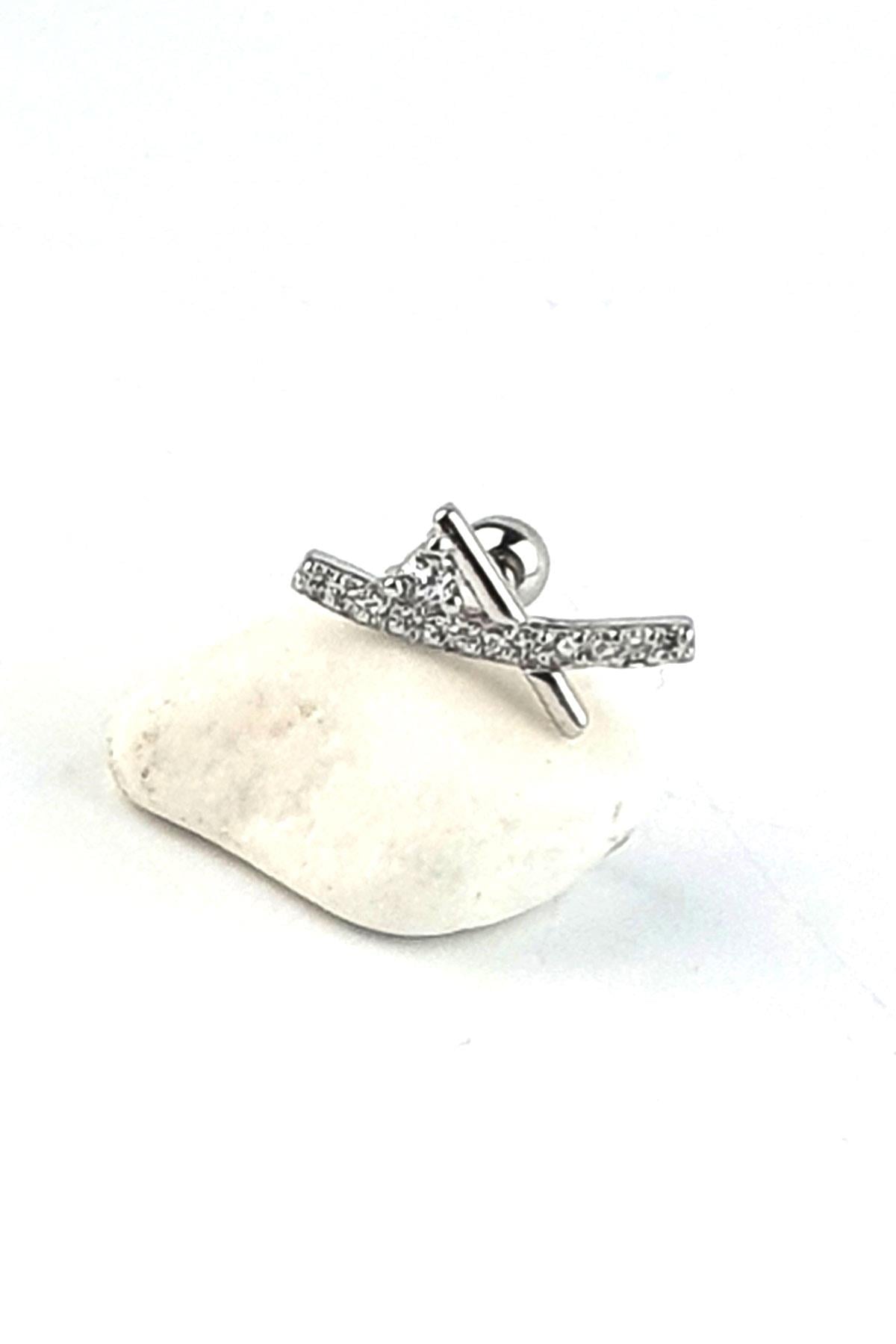 Zirkon Taş Detaylı 925ayar Gümüş Trend Tragus Helix Kikirdak piercing 