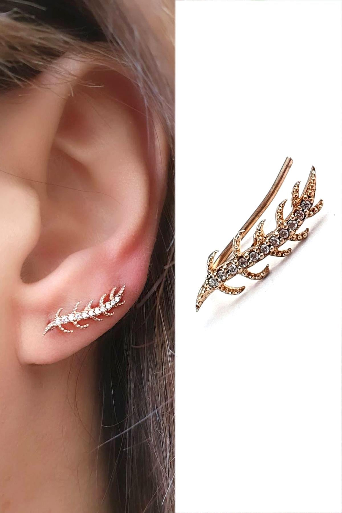 zirkon Taş Detaylı 925ayar Gümüş tüy figürlü earcuff küpe