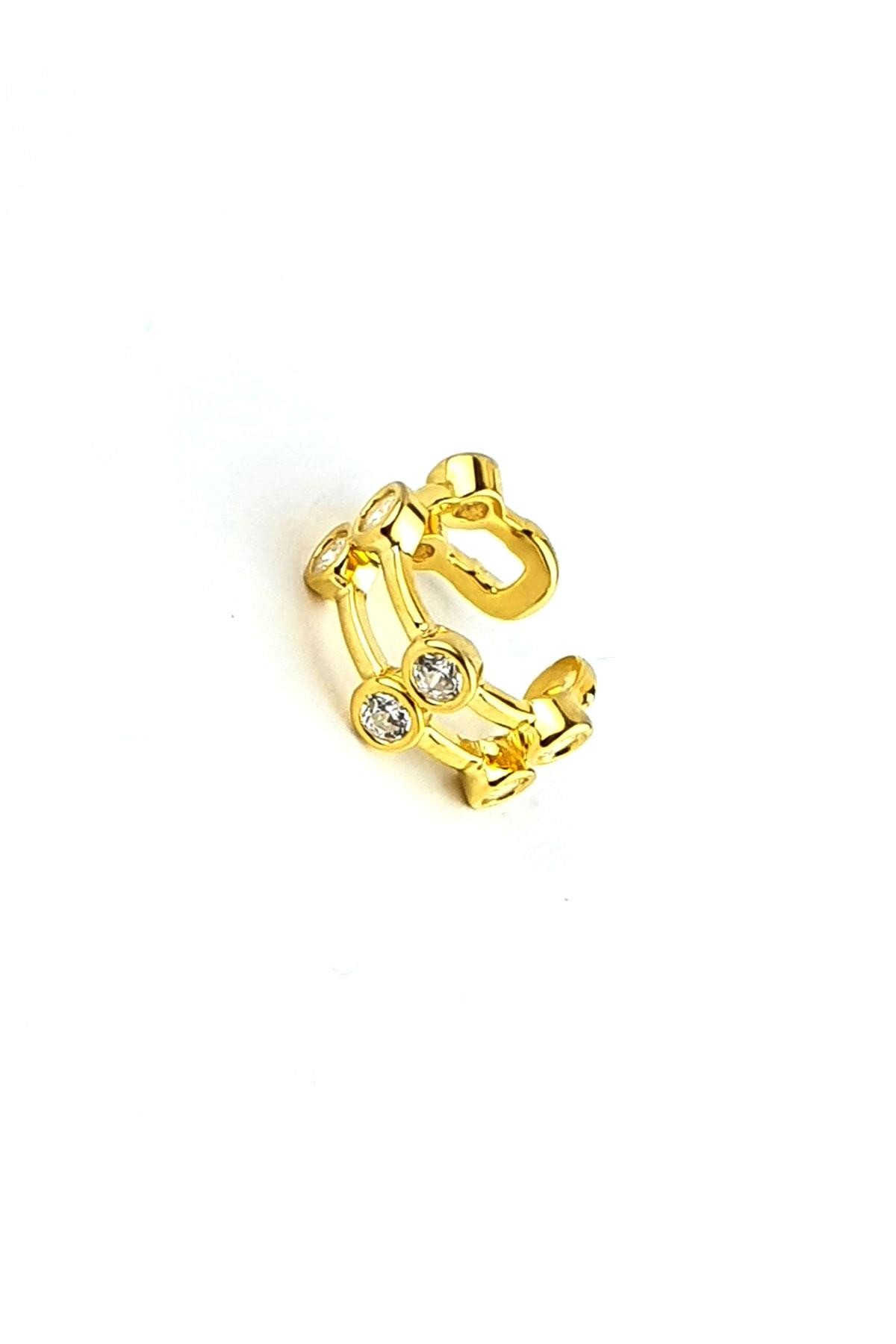 Zirkon Taş Detaylı 925ayar Gümüş Üzerine Altın Kaplama Tasarım Sıkıştırmalı Earcuff Kıkırdak Küpe