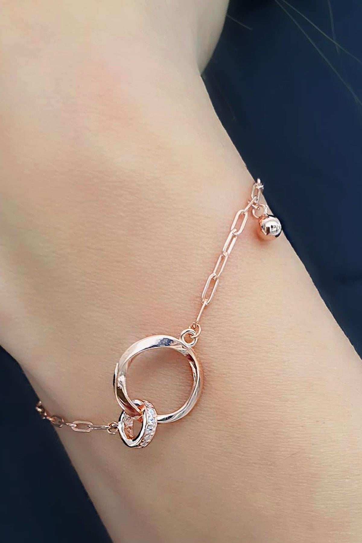 Zirkon Taş Detaylı 925ayar Gümüş Üzerine Rose Altın Kaplama İtalyan Sevgi bağı bileklik 