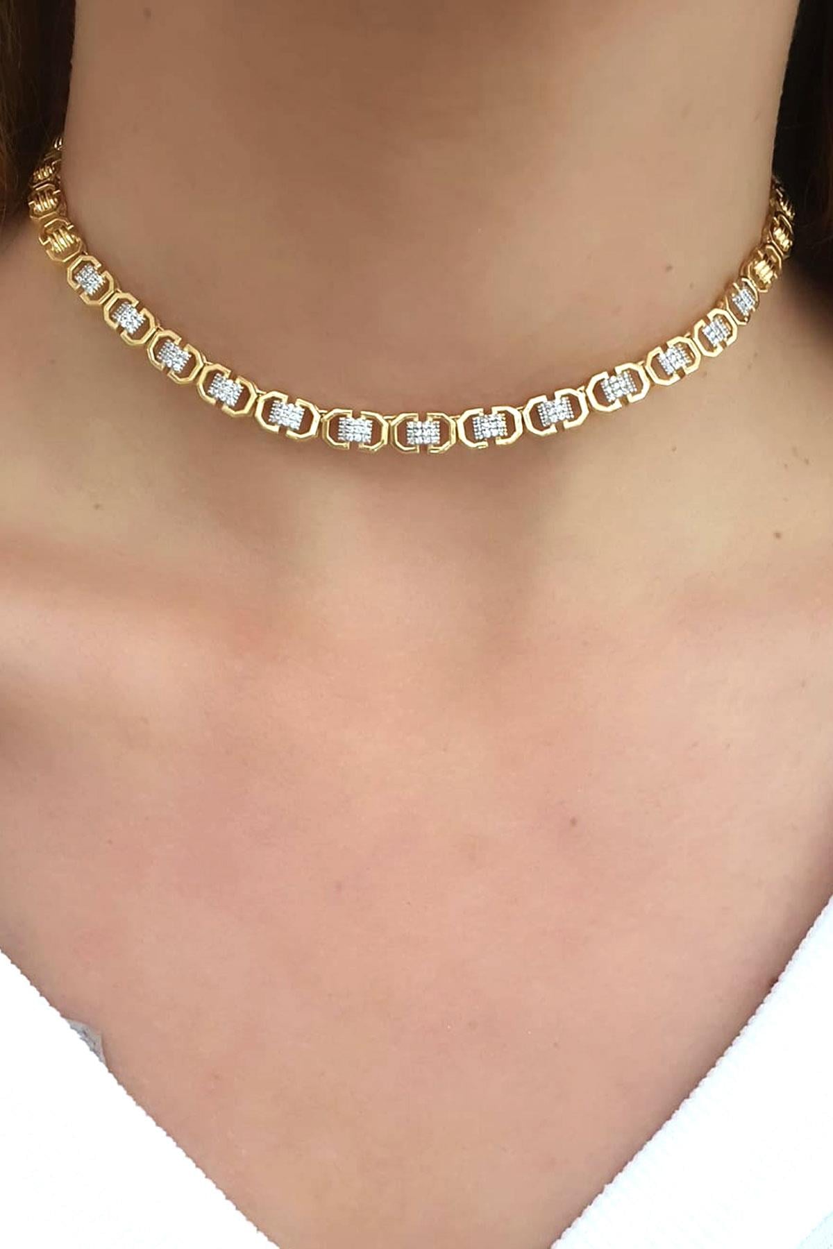 Zirkon Taş Detaylı 925ayar Gümüş Üzerine Altın Kaplama Luxury Tasarım Choker Kolye 