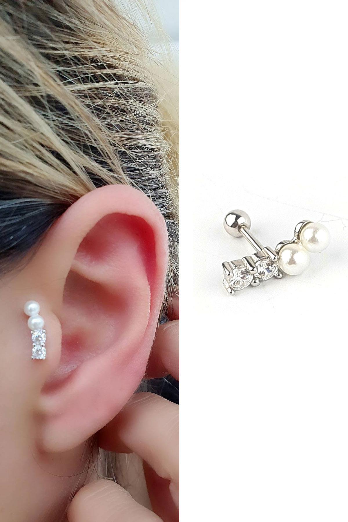 Zirkon Taş Detaylı İncili 925ayar Gümüş Tragus Kıkırdak Helix Piercing