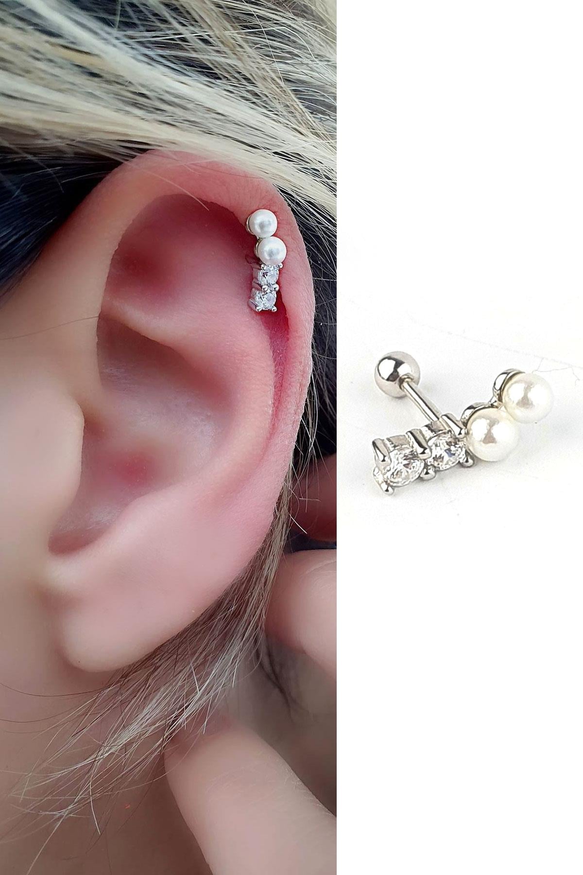 Zirkon Taş Detaylı İncili 925ayar Gümüş Tragus Kıkırdak Helix Piercing