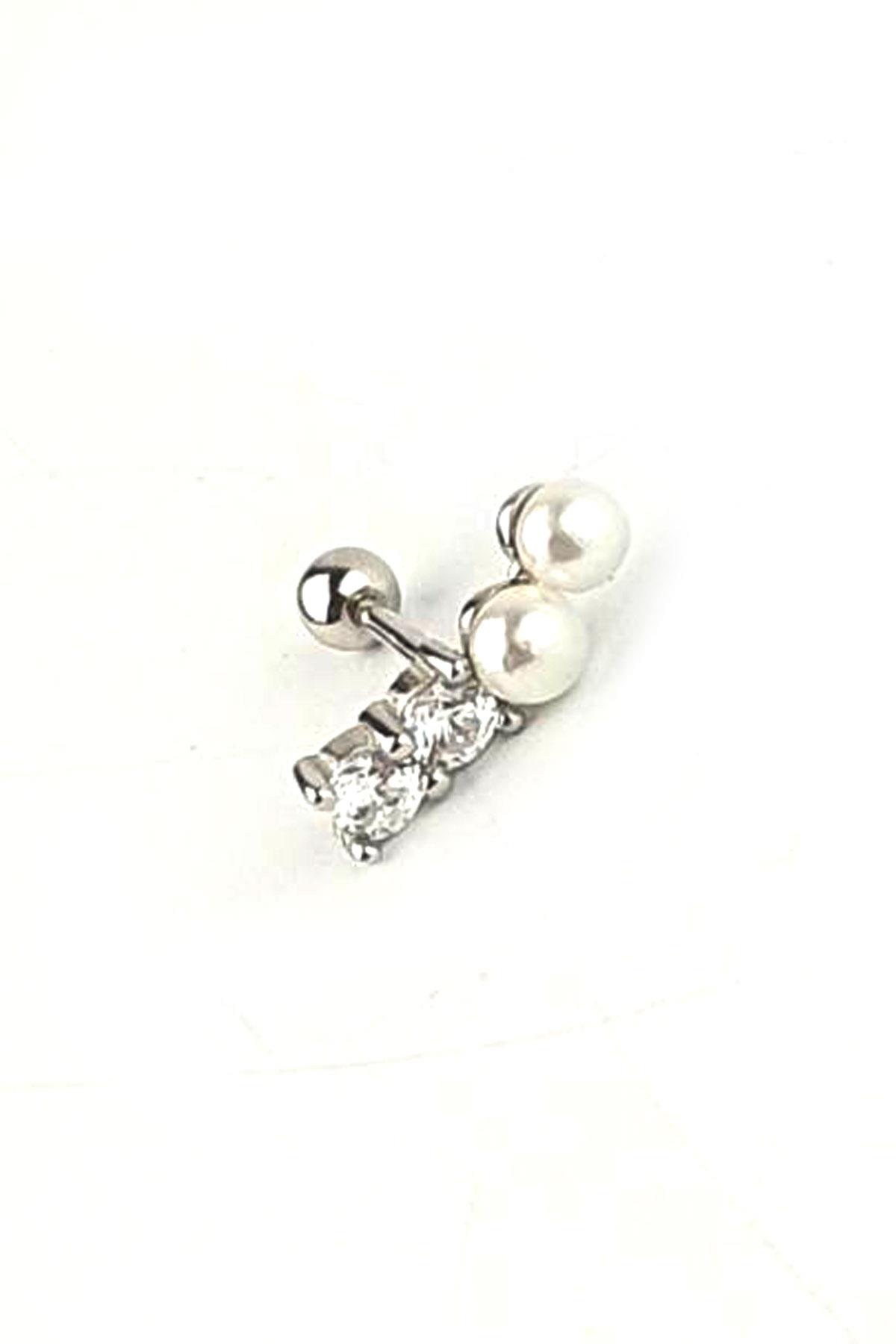 Zirkon Taş Detaylı İncili 925ayar Gümüş Tragus Kıkırdak Helix Piercing