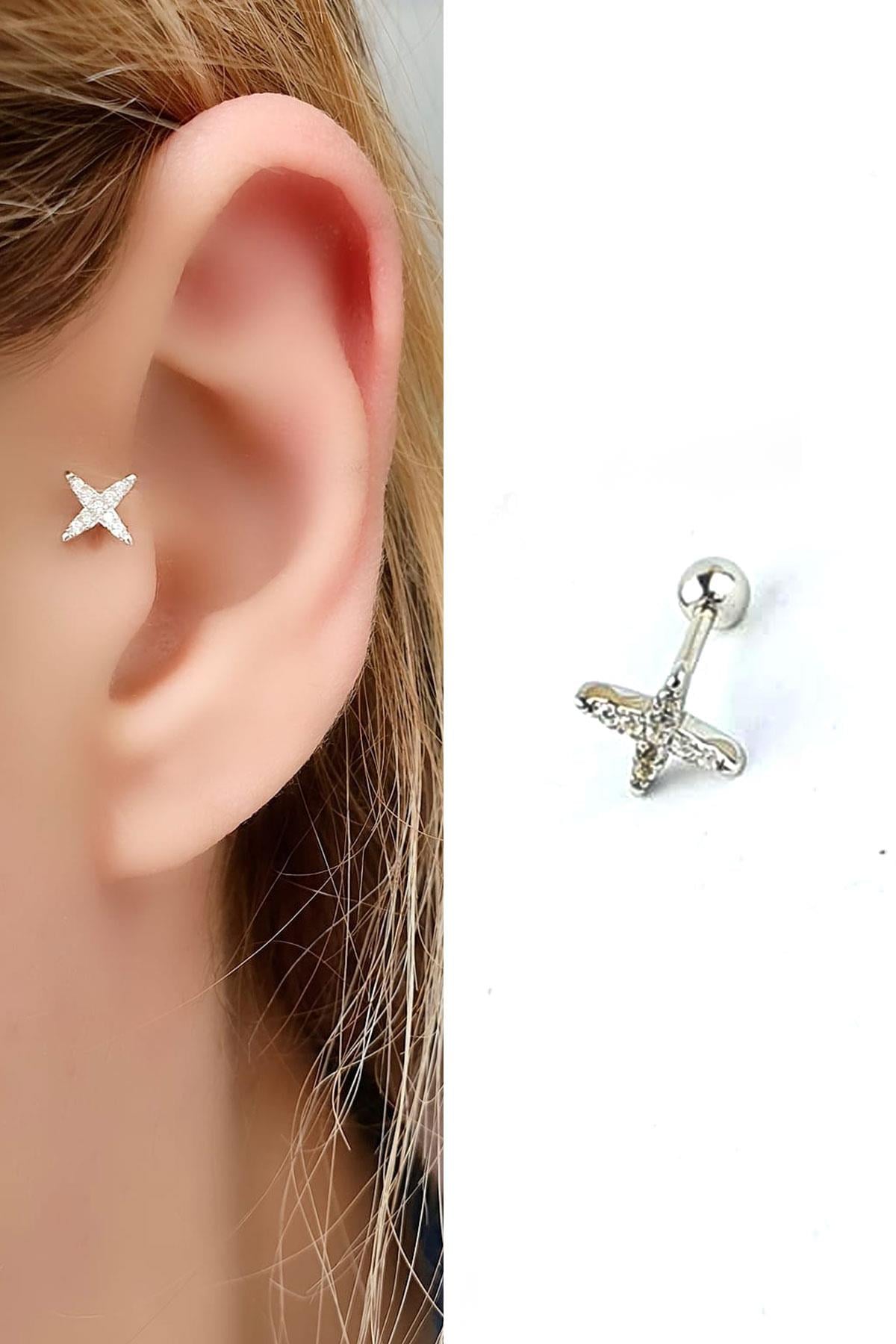 Zirkon Taş Detaylı yıldız figürlü 925ayar Gümüş Tragus Helix Kikirdak piercing
