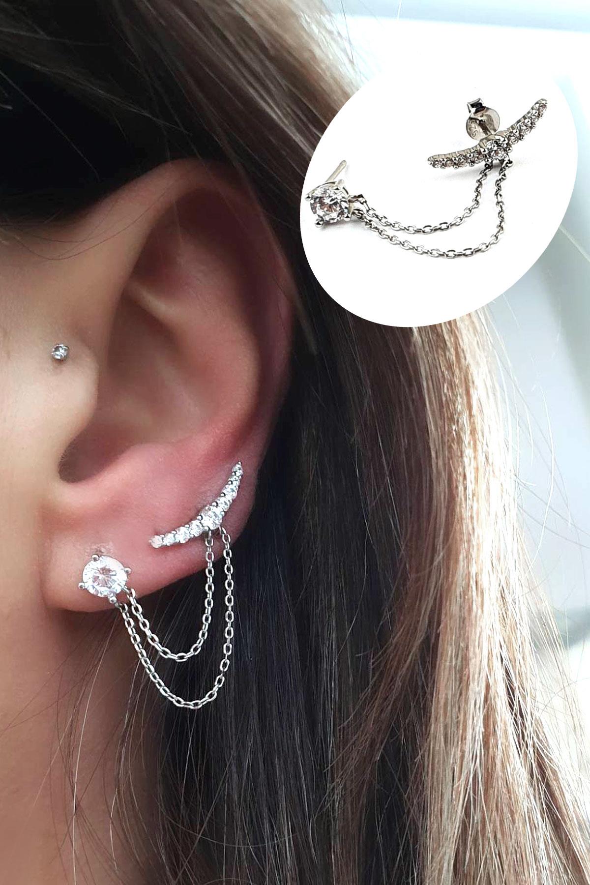 Zirkon Taşlı 925 Ayar Gümüş İtalyan Tasarımı  Zincir Tek Küpe | OSESHOP