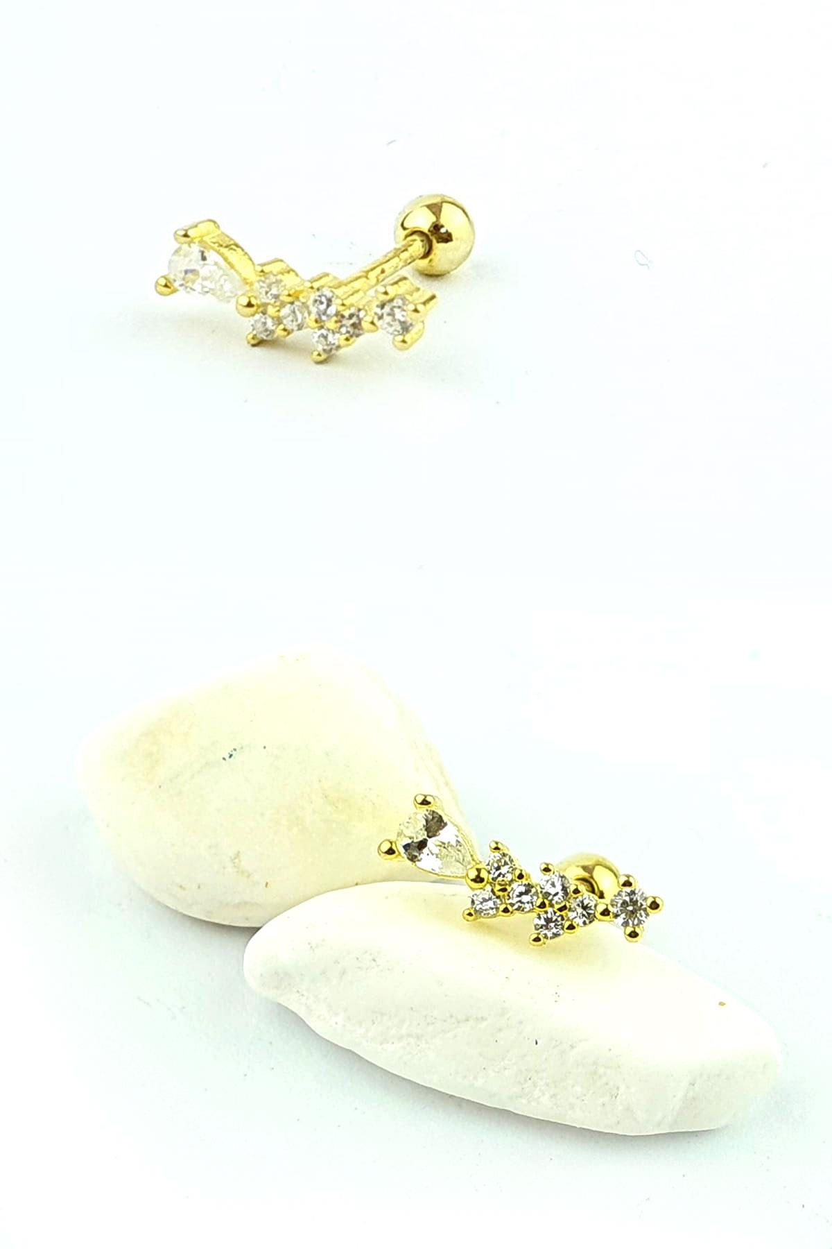Zirkon Taşlı 925ayar Gümüş Üzerine Altın Kaplama Tragus ve Helix Kikirdak piercing
