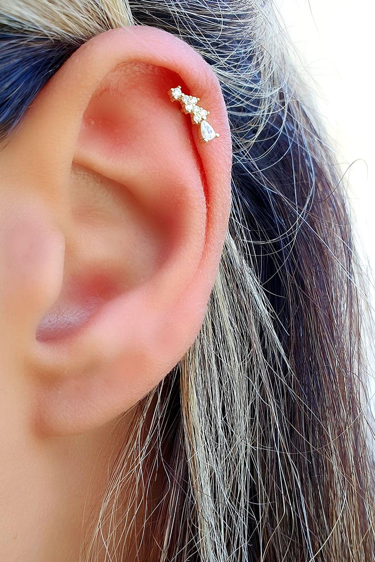 Zirkon Taşlı 925ayar Gümüş Üzerine Altın Kaplama Tragus ve Helix Kikirdak piercing