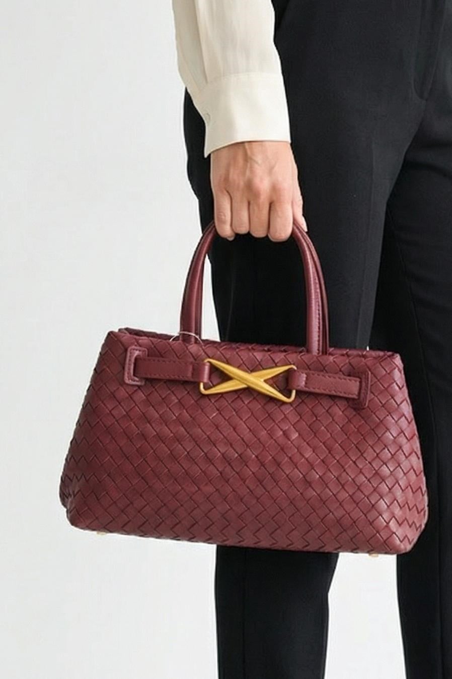 Kadın El ve Omuz Çantası Örgü Desenli Fermuarlı Günlük Celoura Bordo